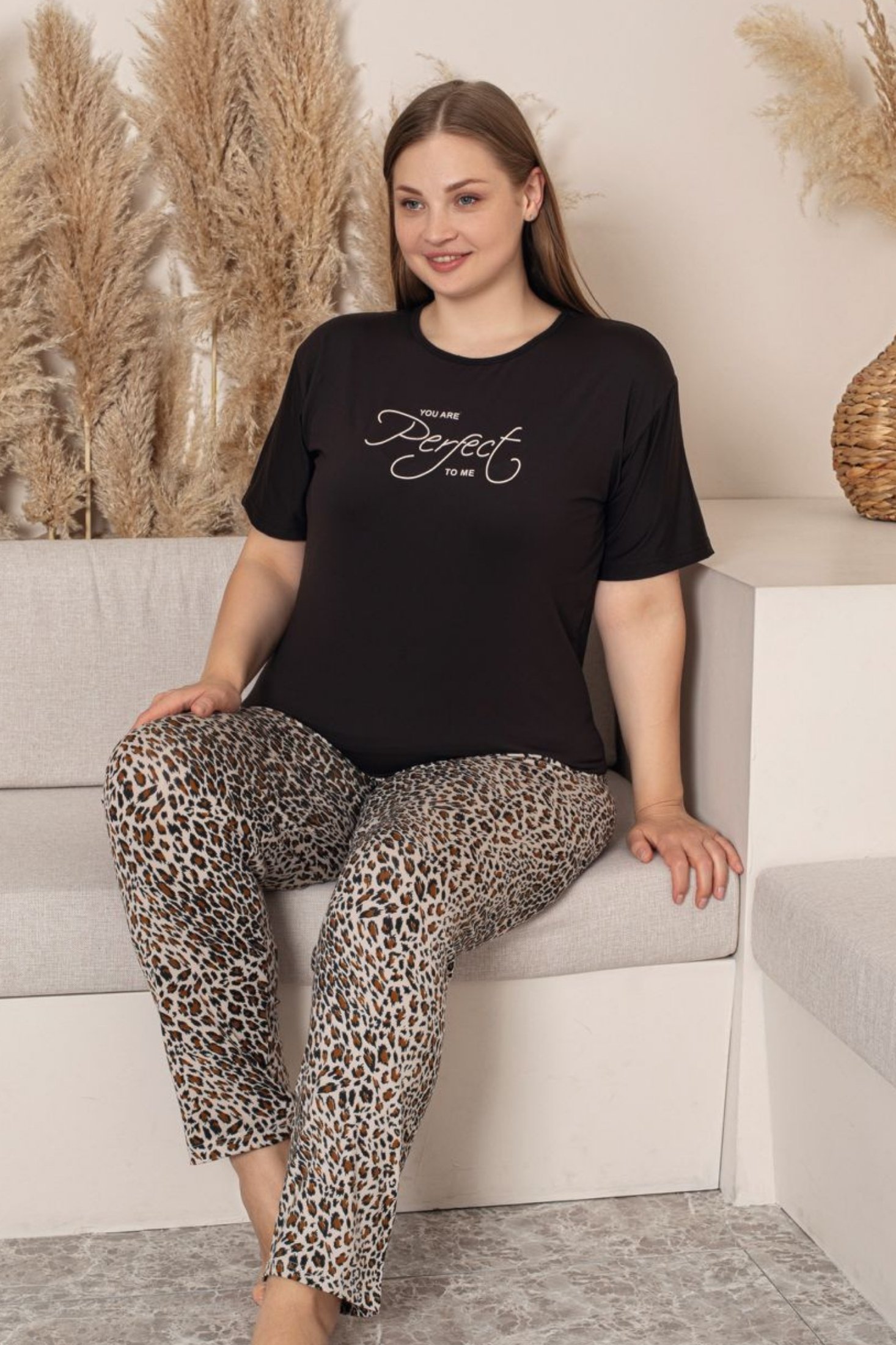 Büyük Beden Milan Bambu Kısa Kollu Likralı Penye Pijama Takımı - Kahverengi