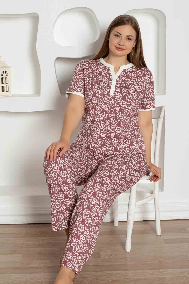 X-Dreamy Büyük Beden Likralı Pamuklu Çiçekli Kısa Kollu Pijama Takımı - Gül Kurusu