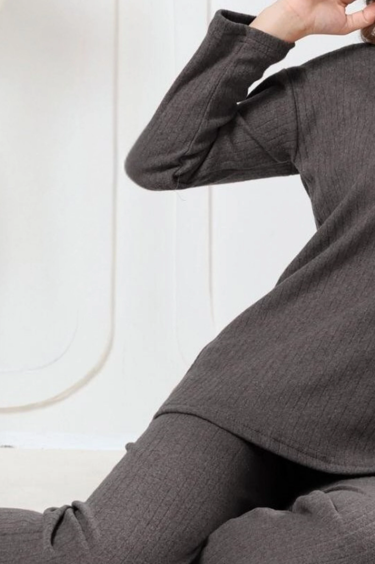 Pamuklu Kalın Kışlık İnterlok Şeritli Uzun Kollu Örme Pijama Takımı - Antrasit