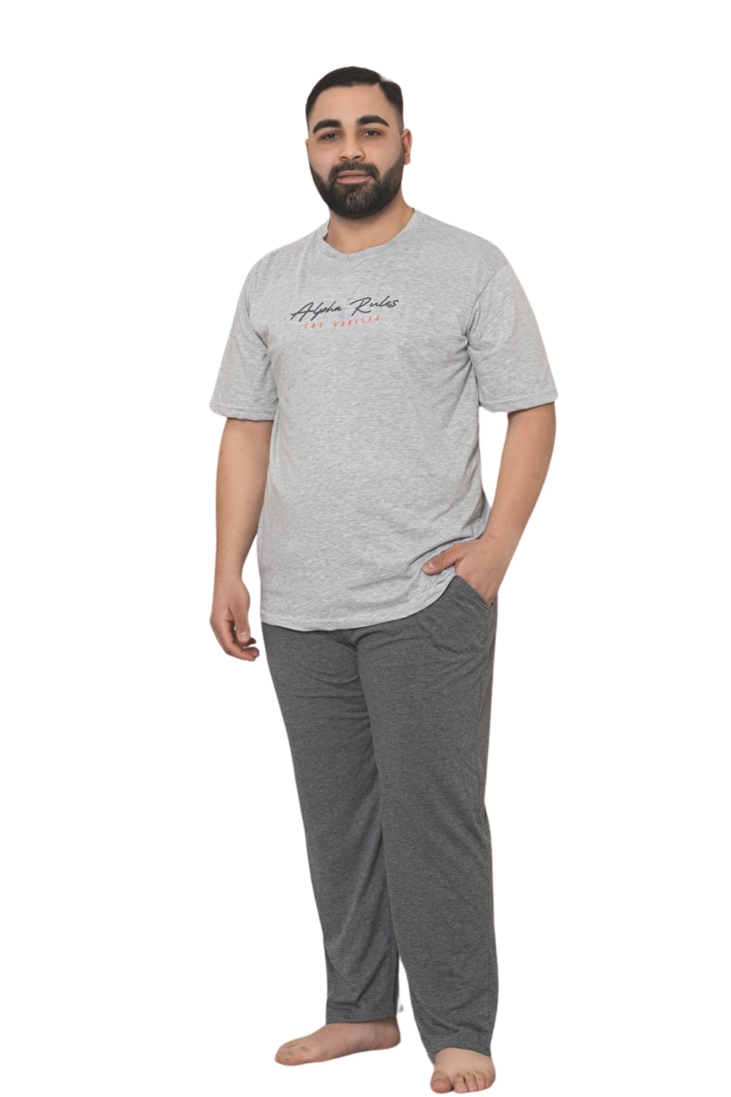 Büyük Beden Pamuklu Cepli Kısa Kollu Erkek Pijama Takımı - Gri