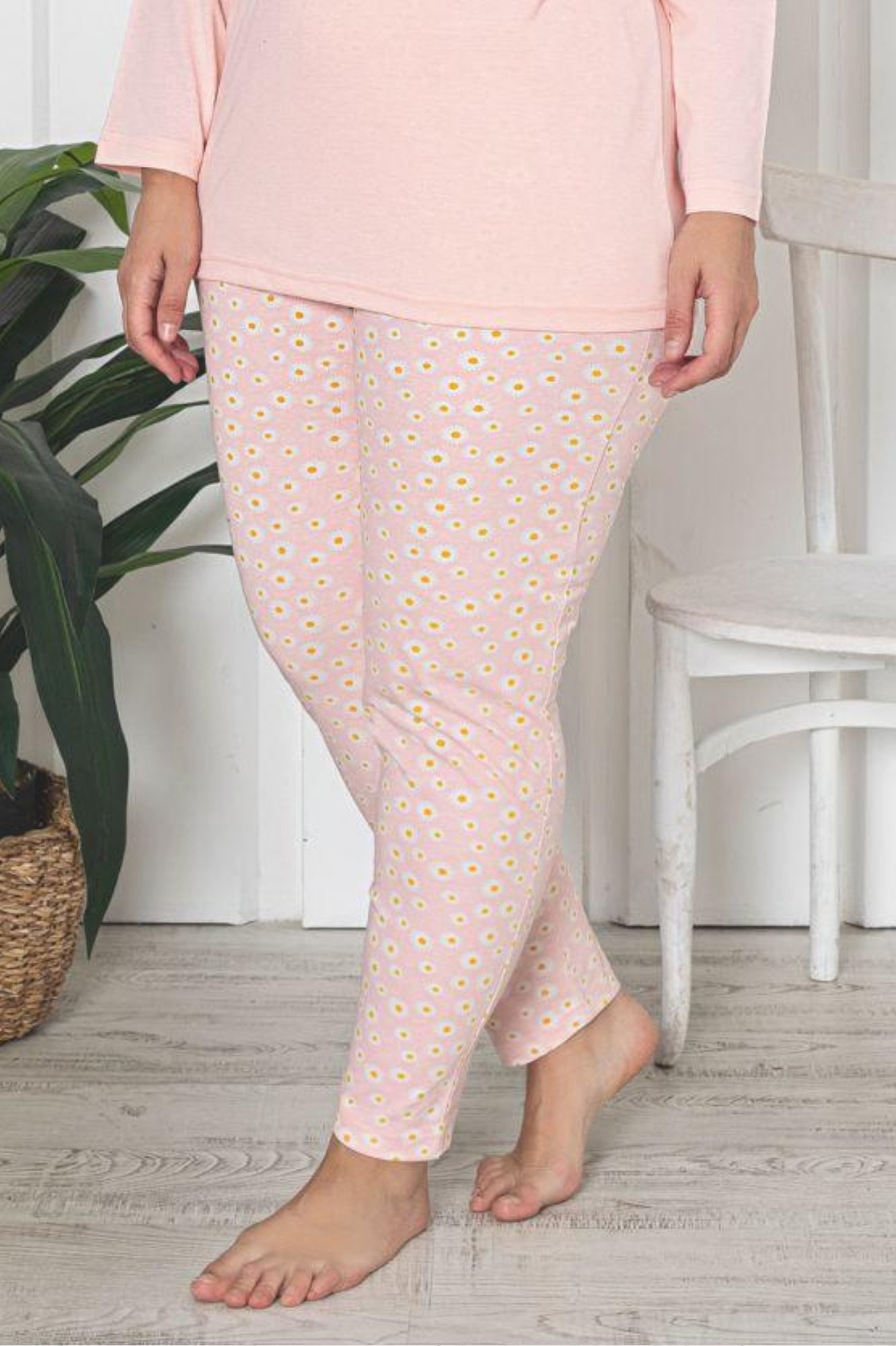 X-Dreamy Büyük Beden Pamuklu Desenli Uzun Kollu Pijama Takımı - Somon