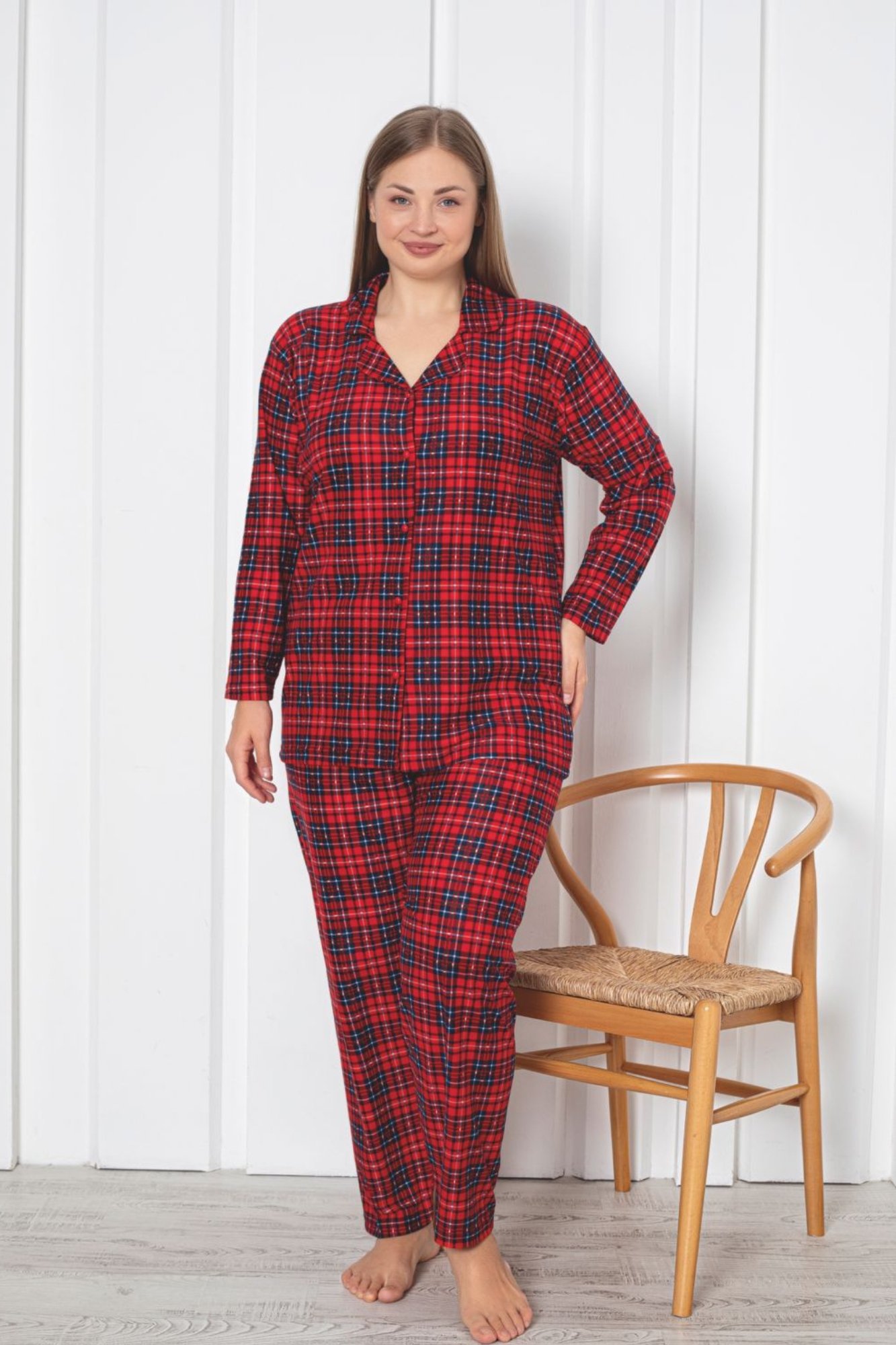 X-Dreamy Büyük Beden Pamuklu Süet Bambu Düğmeli Pijama Takımı - Bordo - Lacivert