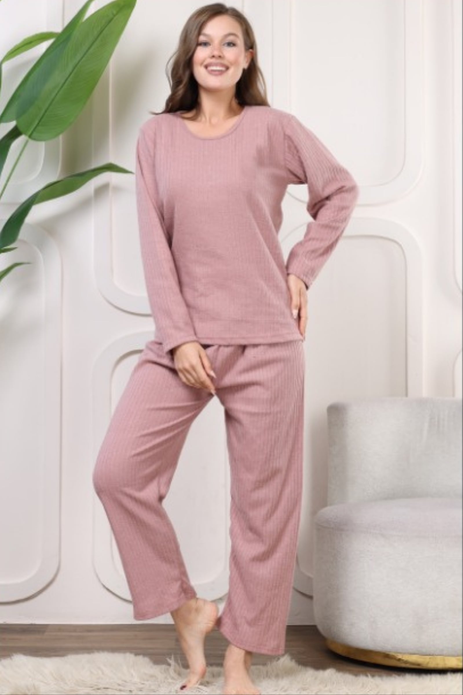 Kalın Kışlık İnterlok Şeritli Uzun Kollu Örme Pijama Takımı - Pembe