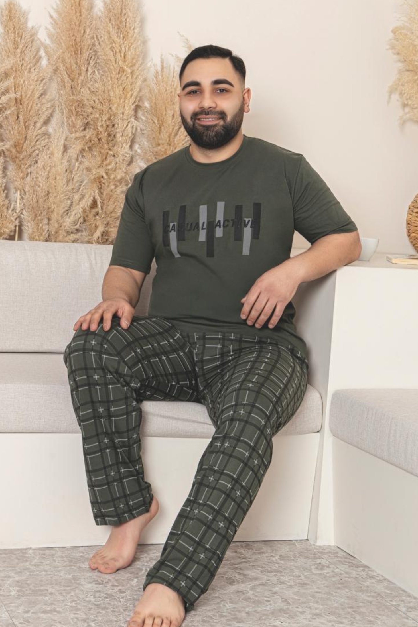 Büyük Beden Pamuklu Cepli Kısa Kollu Erkek Pijama Takımı - Yeşil