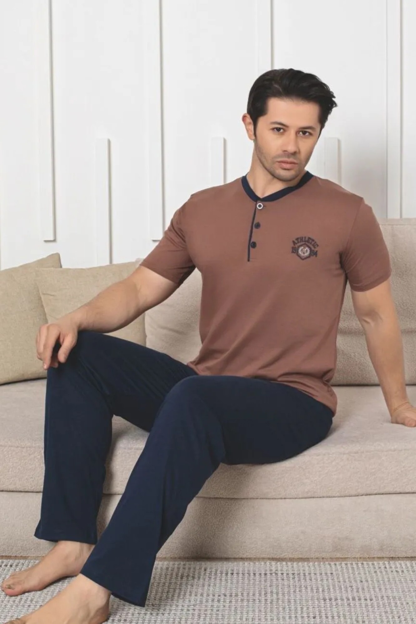 Dreamy Pamuklu Cepli Kısa Kollu Örme Erkek Pijama Takımı - Kahverengi