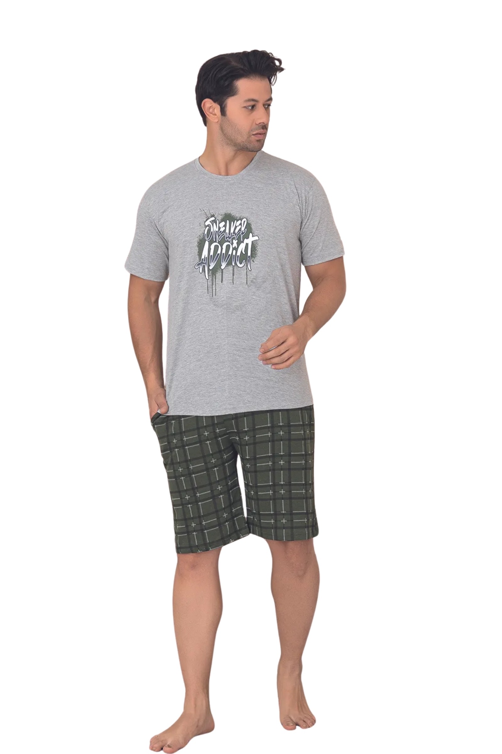 Dreamy Pamuklu Cepli Desenli Kısa Kollu Şortlu Erkek Pijama Takımı