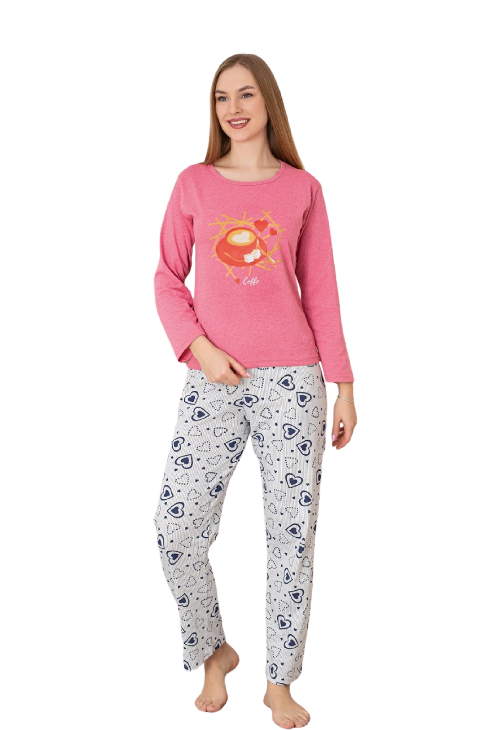 Dreamy Pamuklu Desenli Uzun Kollu Kadın Pijama Takımı - Pembe