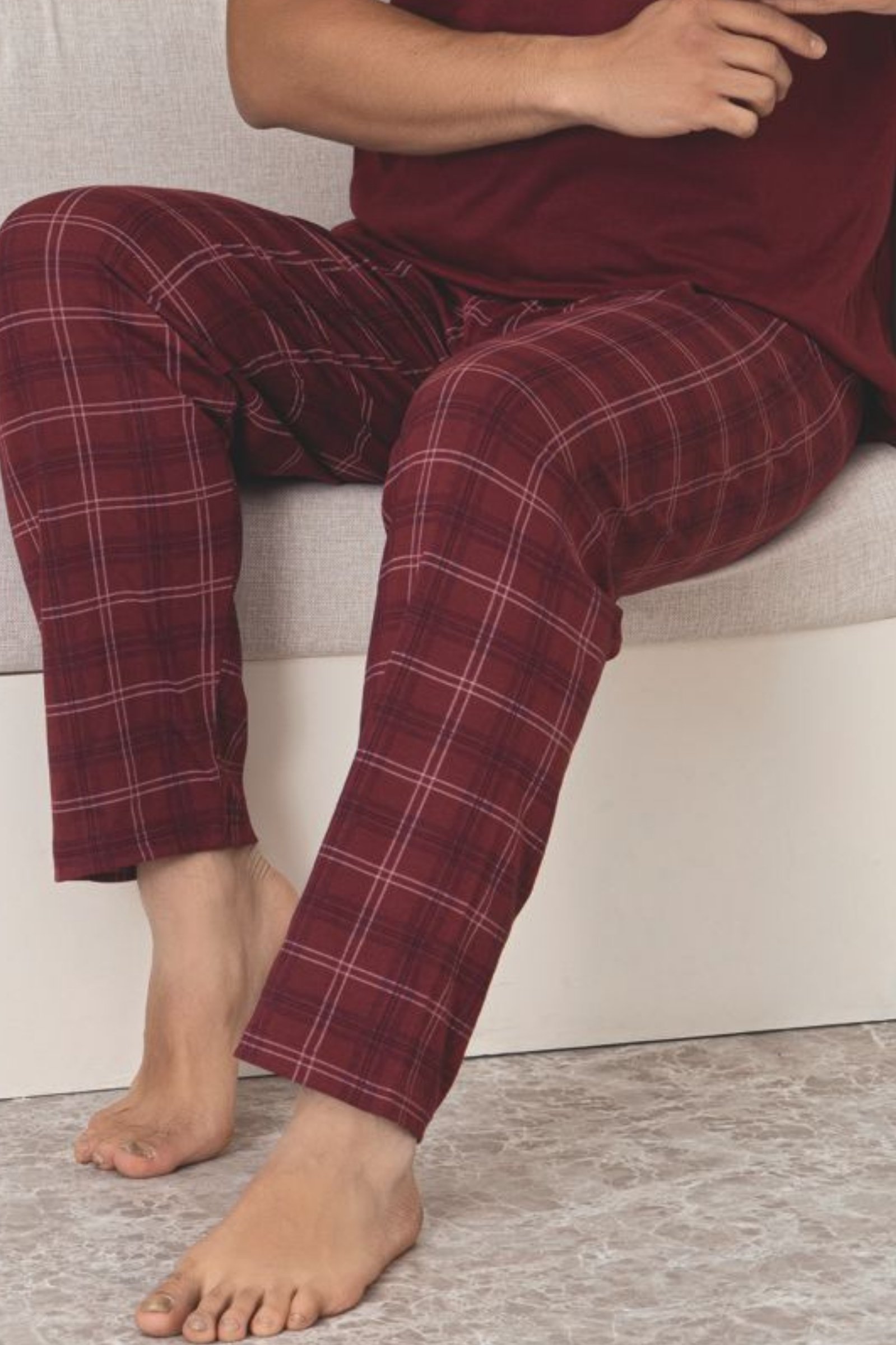 Dreamy Pamuklu Ekose Kareli Kısa Kollu Örme Erkek Pijama Takımı - Bordo