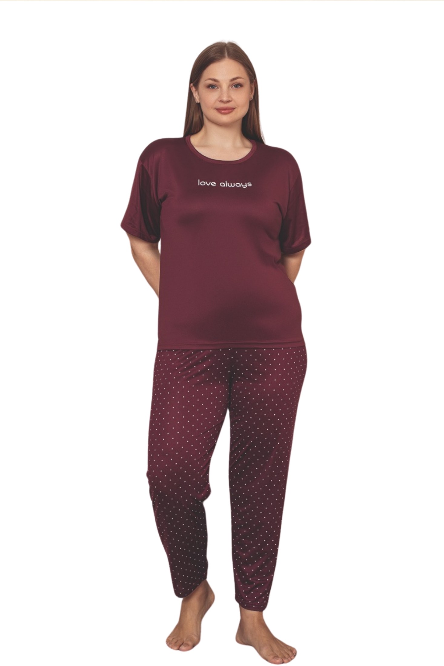 Büyük Beden Milan Bambu Kısa Kollu Likralı Penye Pijama Takımı - Bordo