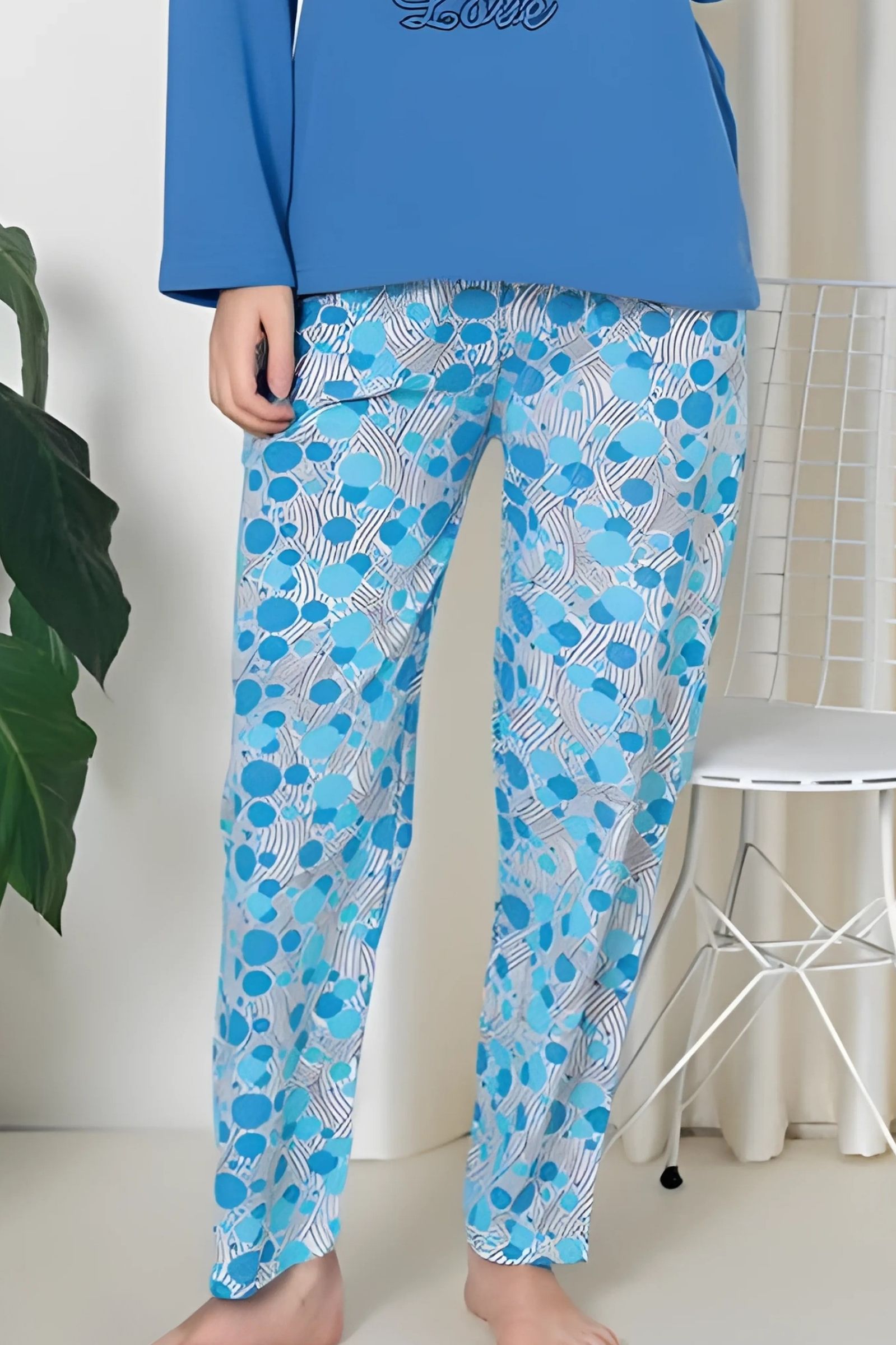 Dreamy Pamuklu Desenli 2 İplik Uzun Kollu Pijama Takımı - Mavi - Gri