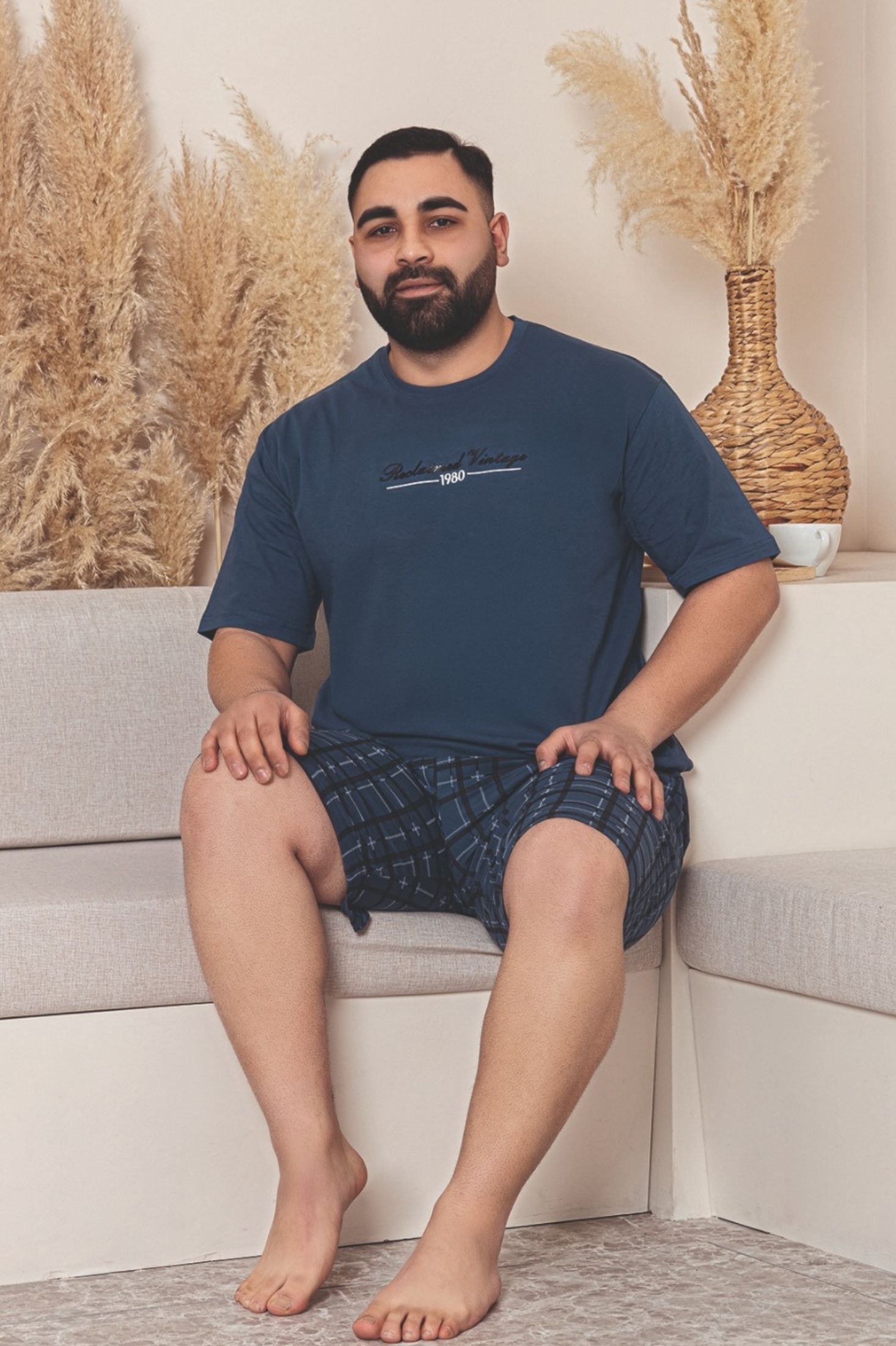 Büyük Beden Pamuklu Cepli Kısa Kollu Şortlu Erkek Pijama Takımı - Lacivert