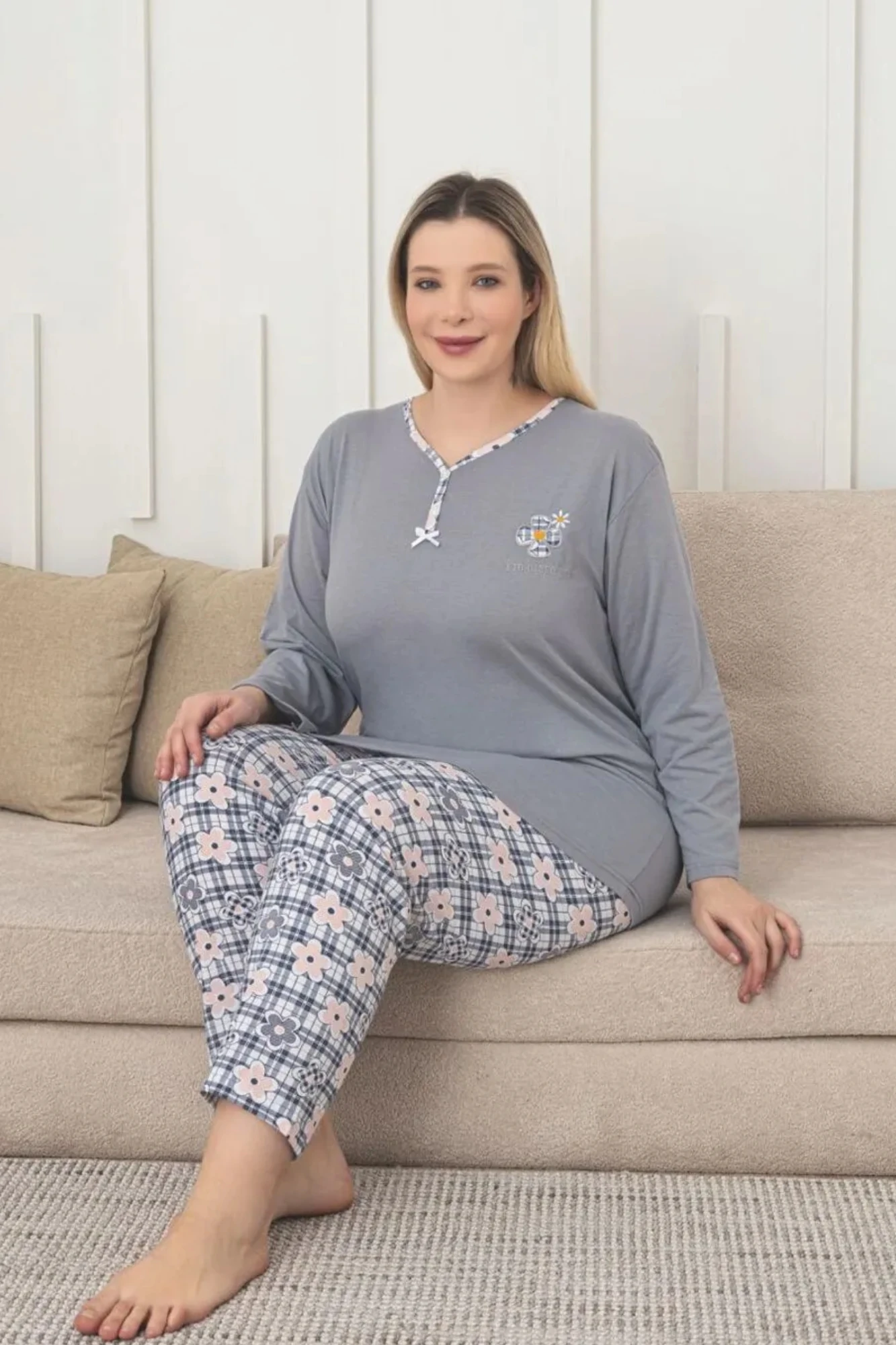 X-Dreamy Büyük Beden Pamuklu Desenli Uzun Kollu Pijama Takımı