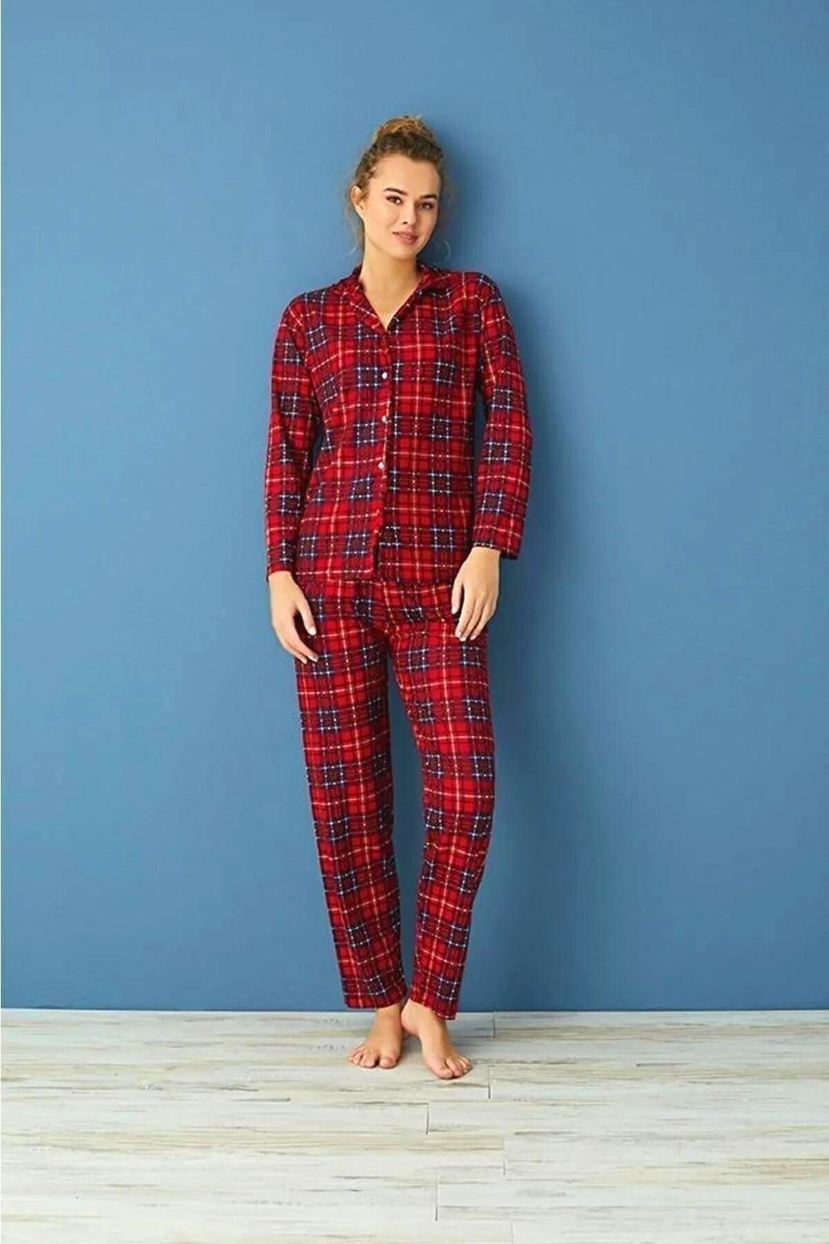 Dreamy Pamuklu Süet Ekose Desenli Pijama Altı Pantolon - Kırmızı/Mavi