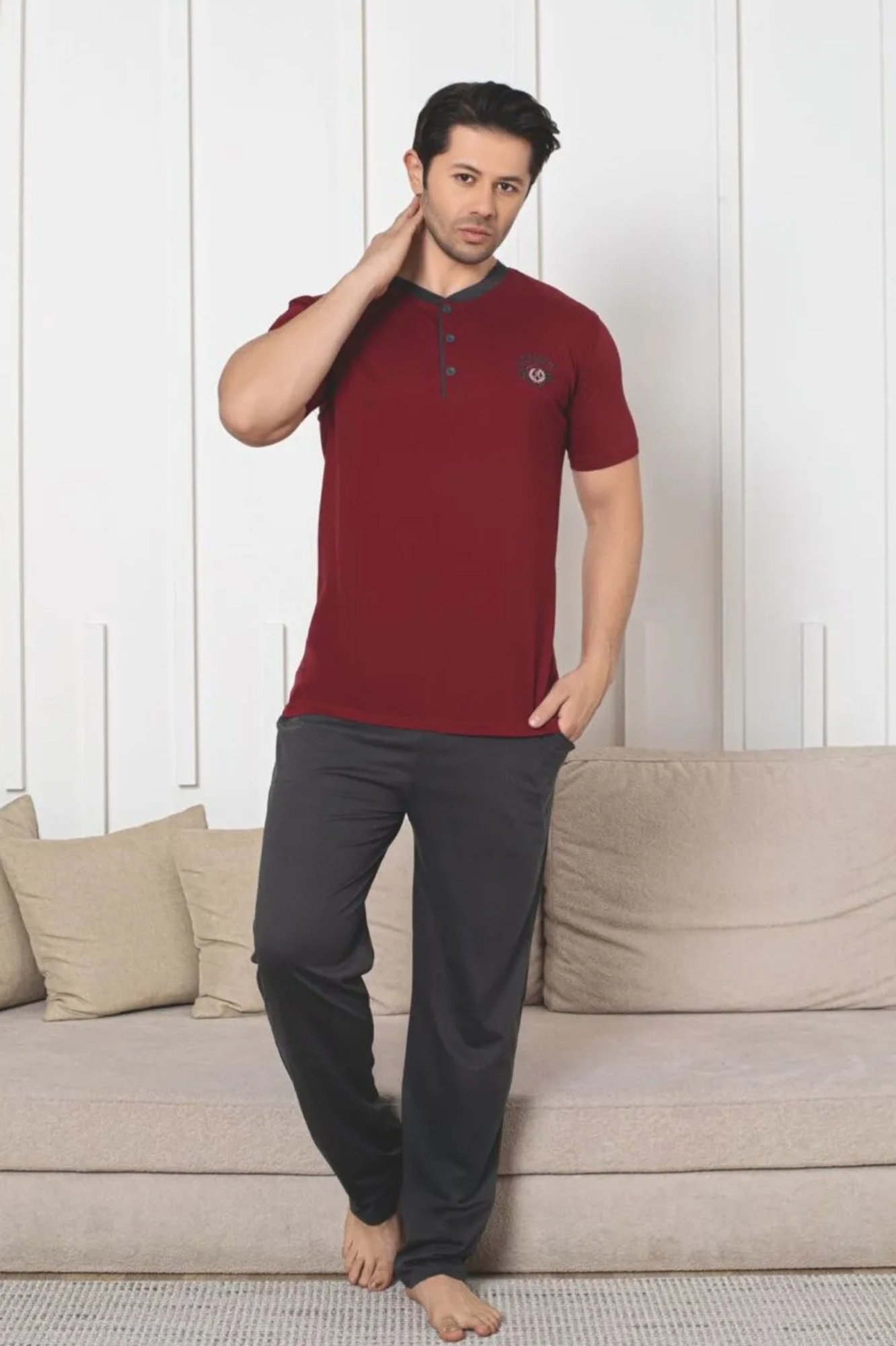 Dreamy Pamuklu Cepli Kısa Kollu Örme Erkek Pijama Takımı - Bordo