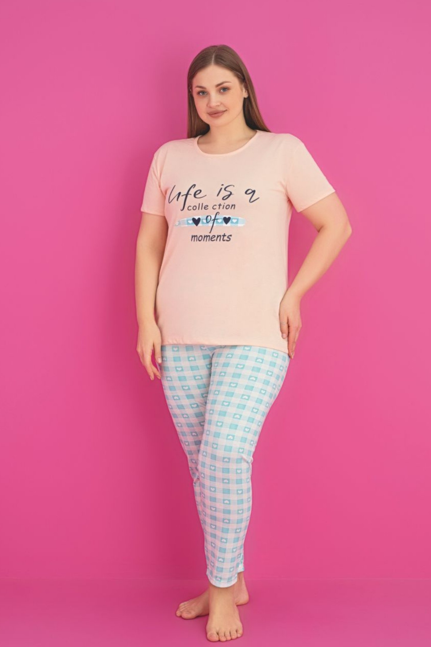 X-Dreamy Büyük Beden Pamuklu Desenli Kısa Kollu Pijama Takımı - Turkuaz