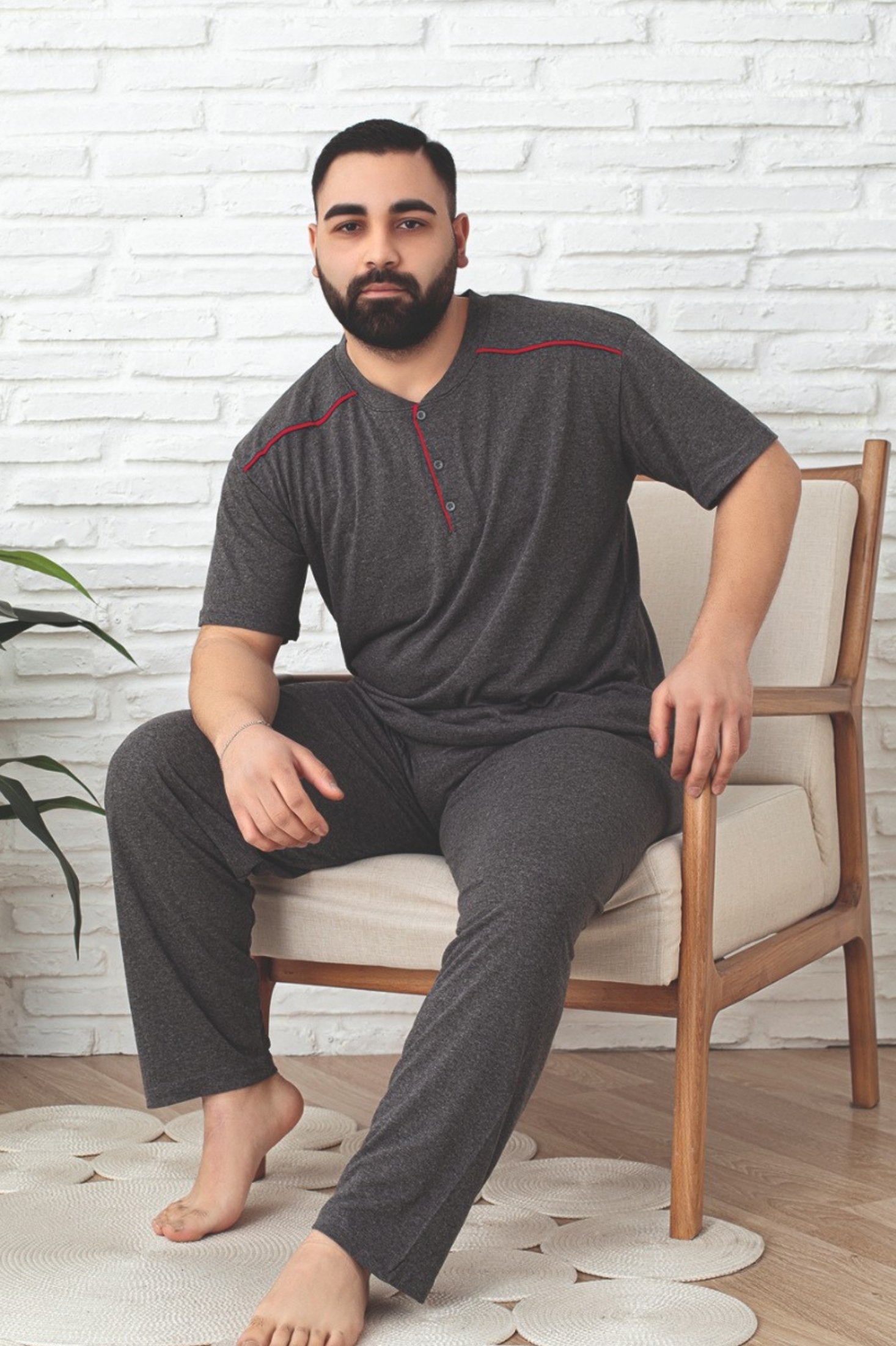 Büyük Beden Pamuklu Cepli Düğmeli Yaka Kısa Kollu Erkek Pijama Takımı - FÜME