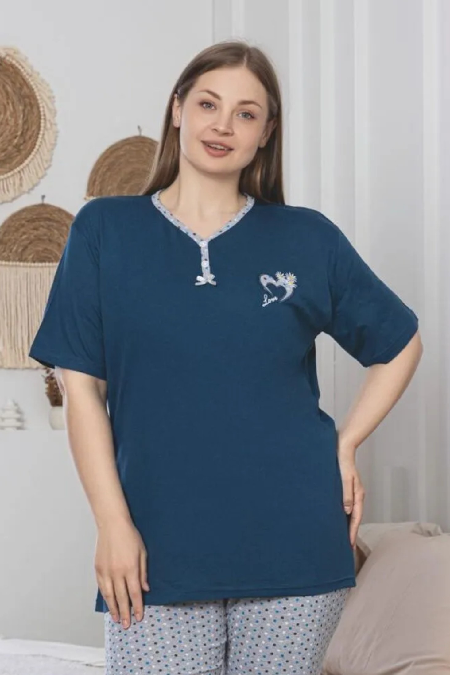 X-Dreamy Büyük Beden Pamuklu Desenli Düğmeli Yaka Kapri Pijama Takımı - Lacivert