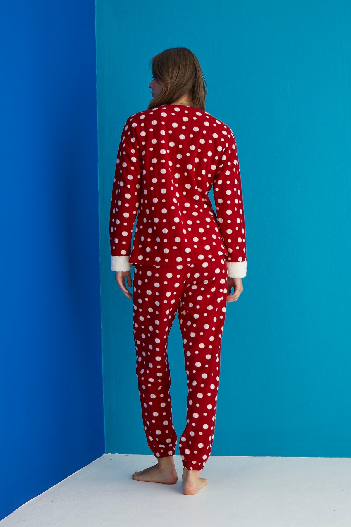 Luxury Soft Penguen Desenli Puantiyeli Fitilli Polar Pijama Takımı