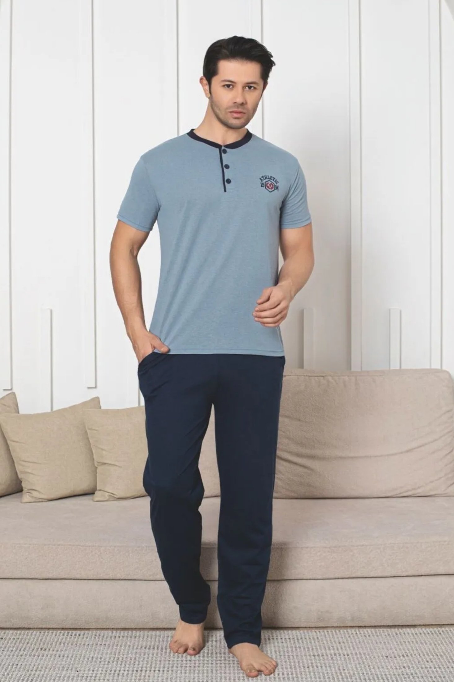 Dreamy Pamuklu Cepli Kısa Kollu Örme Erkek Pijama Takımı - Mavi