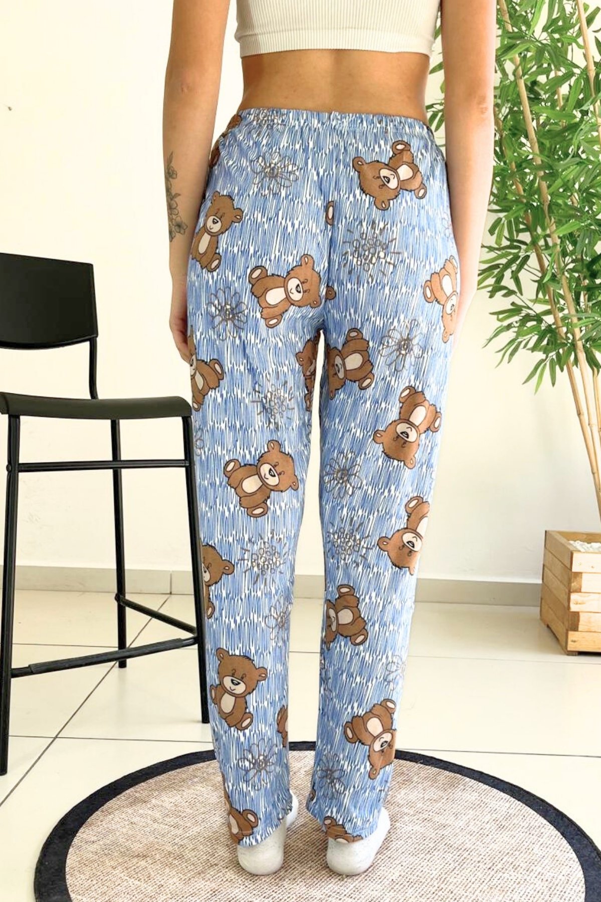 Dreamy Soft Kadife Dokulu Ayıcık Desenli Süet Pijama Altı Pantolon - Mavi