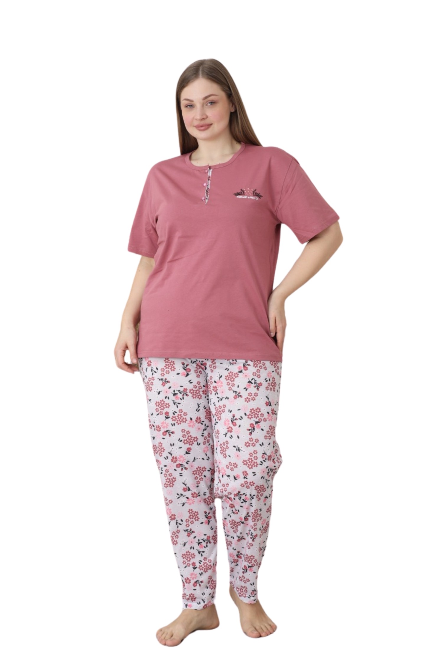 X-Dreamy Büyük Beden Pamuklu Düğmeli Yaka Kısa Kollu Penye Pijama Takımı - Yavruağzı