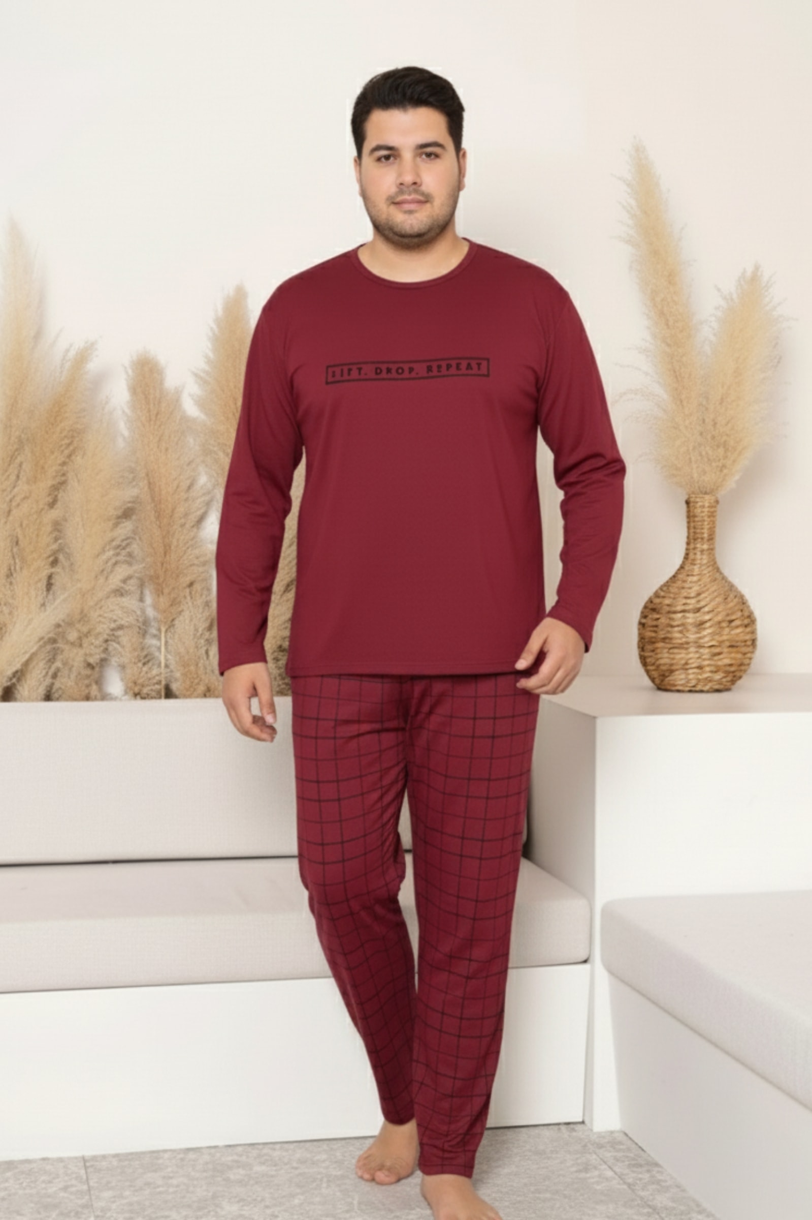 Büyük Beden Pamuklu Uzun Kollu Ekose Kareli Erkek Pijama Takımı - Bordo