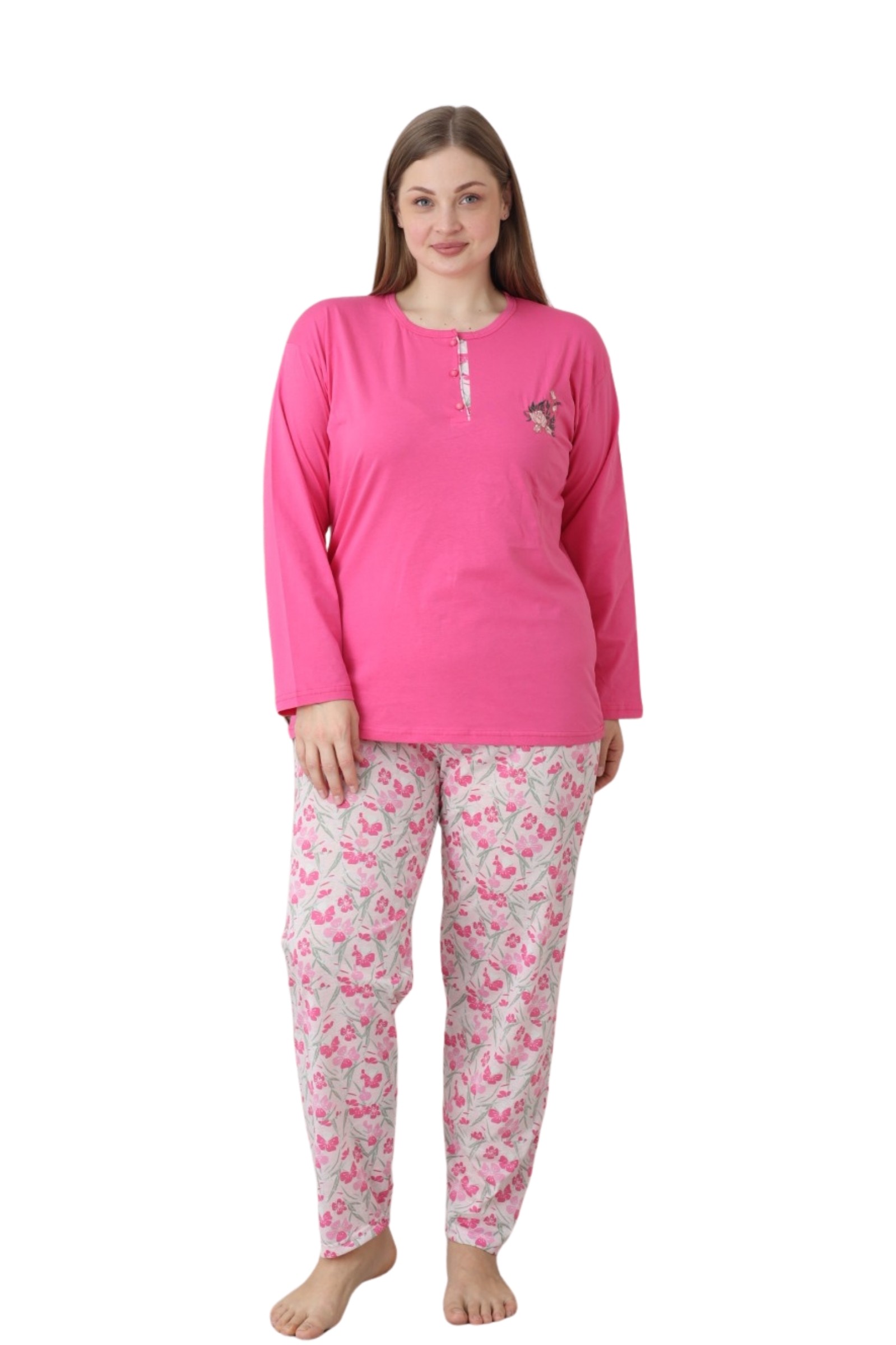 X-Dreamy Büyük Beden Pamuklu Düğmeli Yaka Uzun Kollu Penye Pijama Takımı - Fuşya