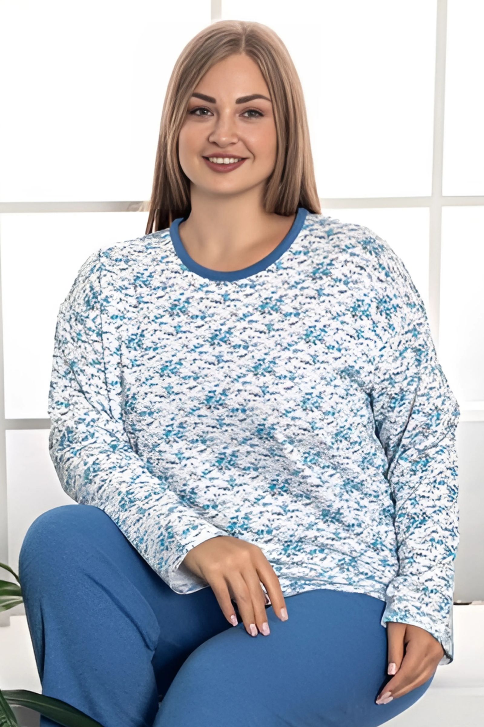 X-Dreamy Büyük Beden Pamuklu Desenli Uzun Kollu Pijama Takımı