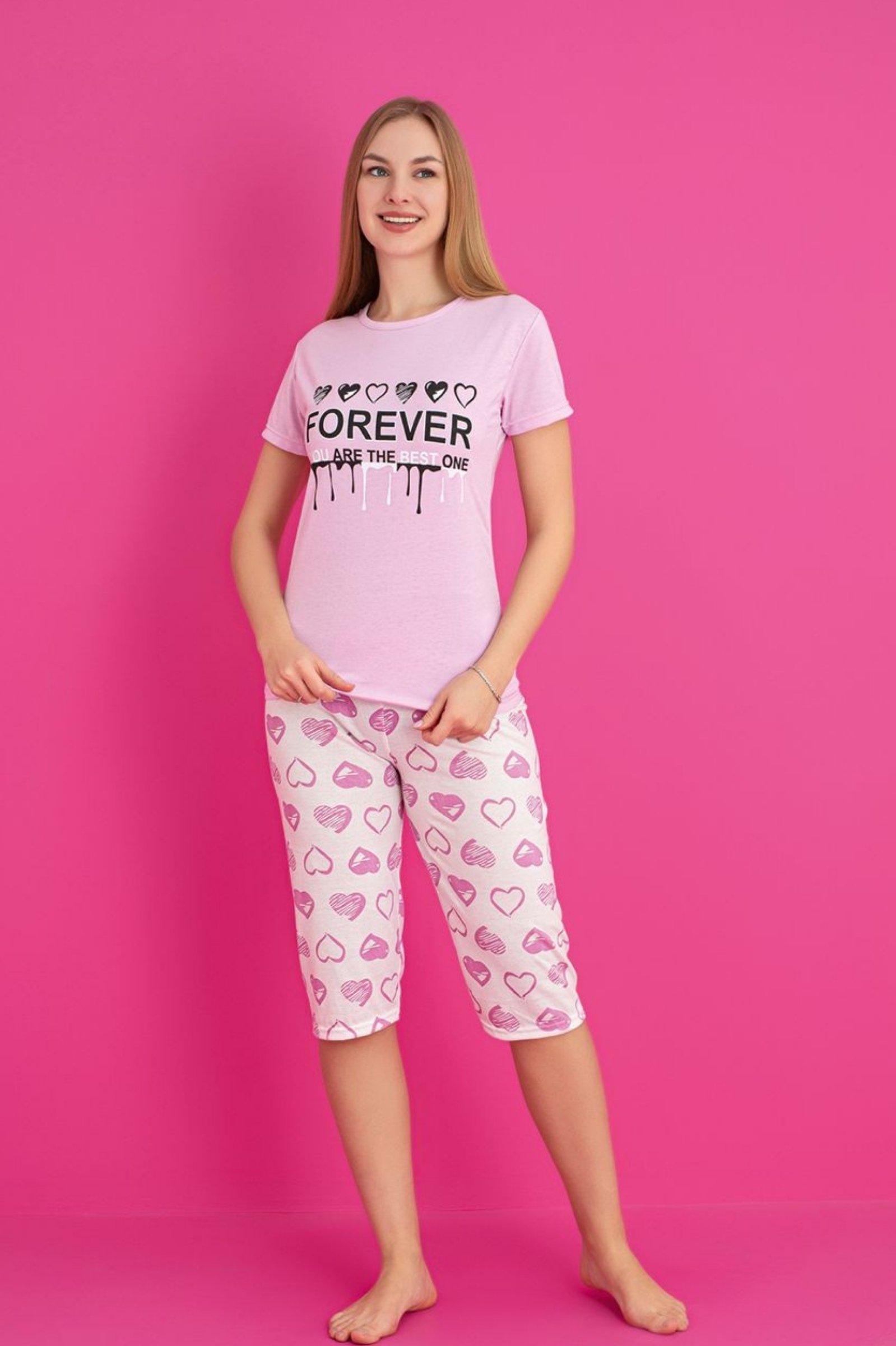 Dreamy Pamuklu Desenli Kısa Kollu Bermuda Kapri Takım - Pembe