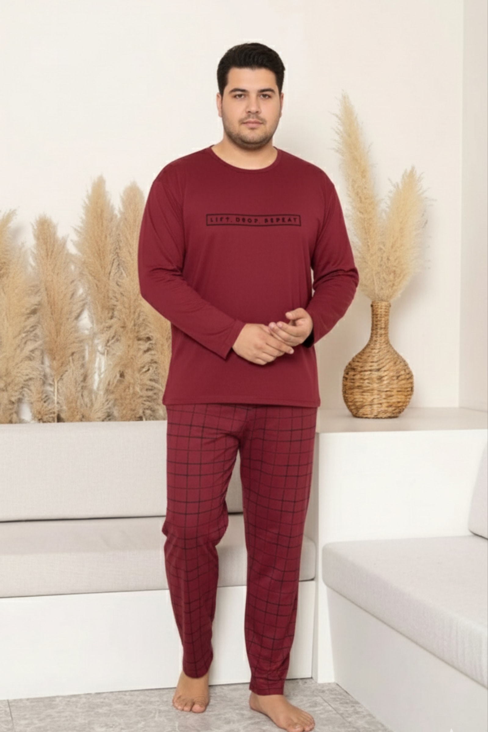 Büyük Beden Pamuklu Uzun Kollu Ekose Kareli Erkek Pijama Takımı - Bordo