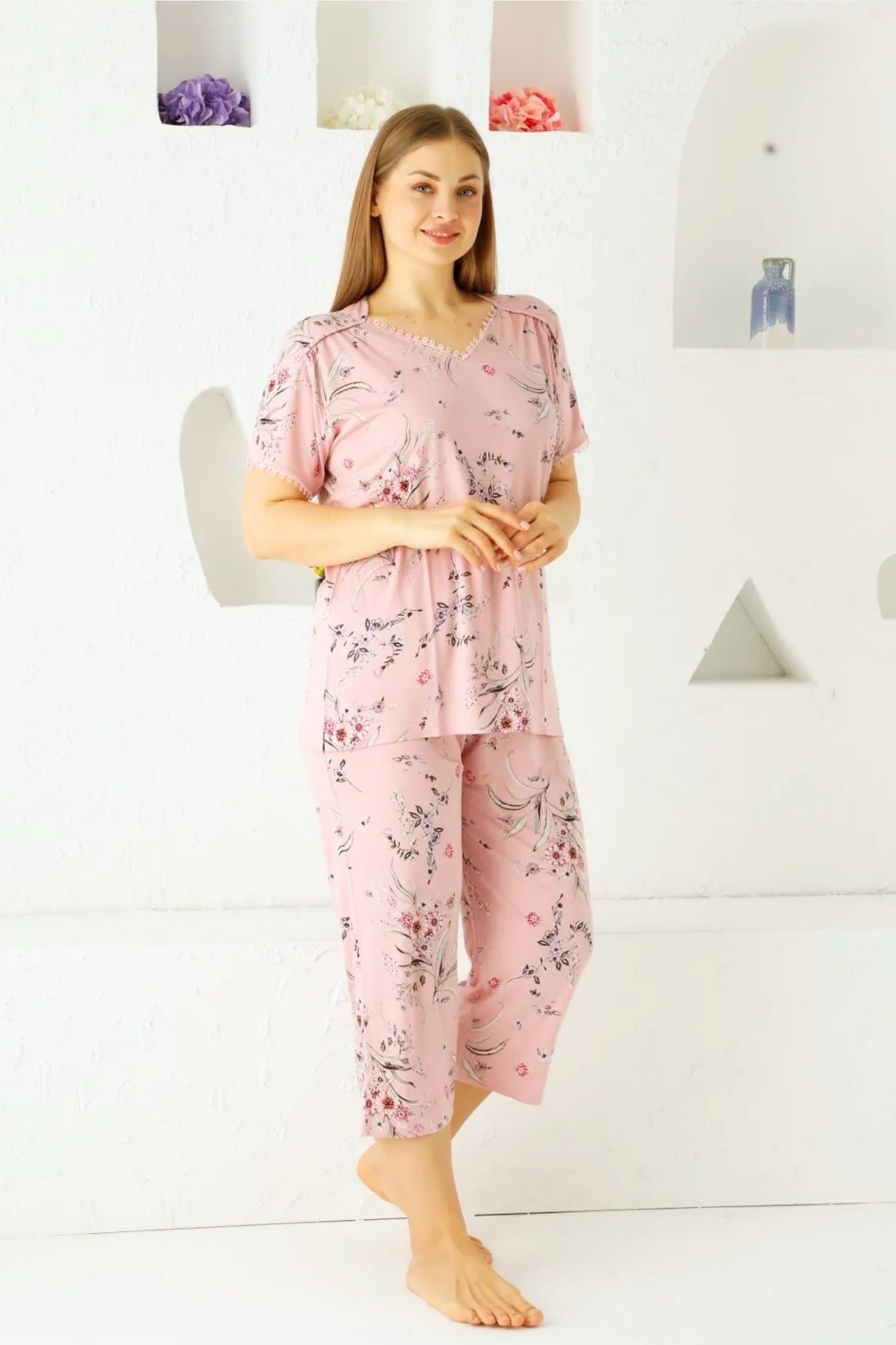 X-Dreamy Büyük Beden Likralı Dantelli Çiçekli Bermuda Kapri Takım - Pembe