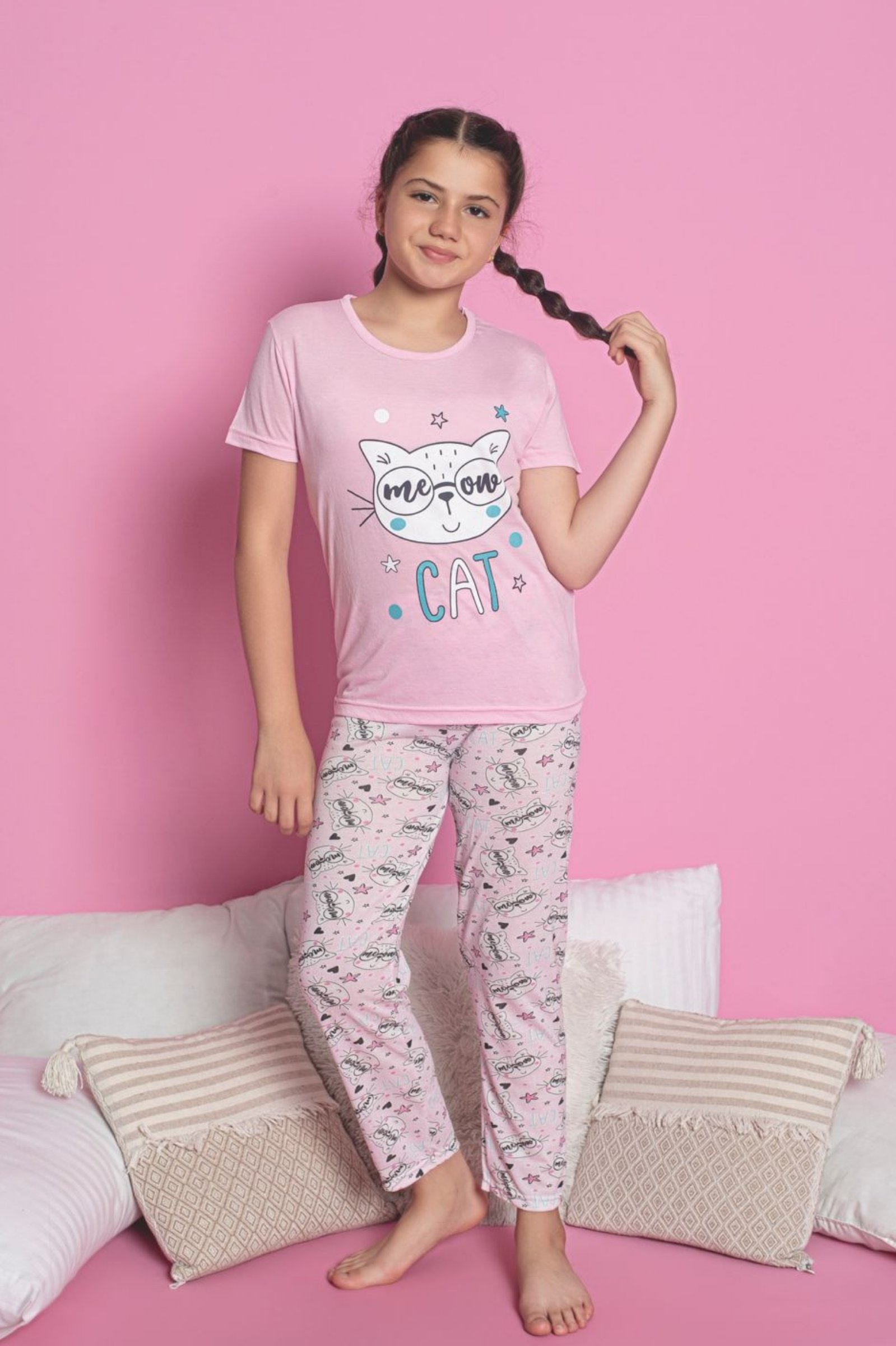 Faryakids Pamuklu Kısa Kollu Kedi Desenli Kız Çocuk Pijama Takımı - Pembe