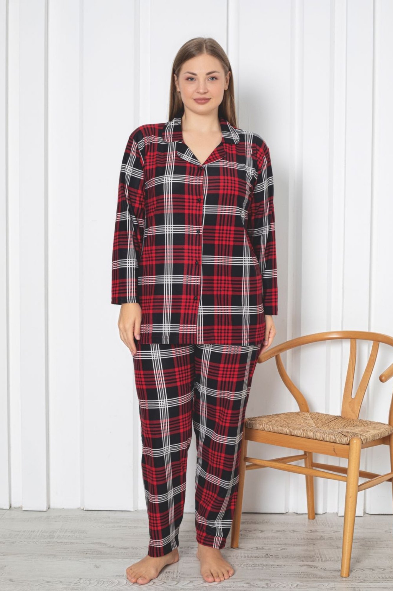 X-Dreamy Büyük Beden Pamuklu Süet Bambu Düğmeli Pijama Takımı - Siyah - Bordo