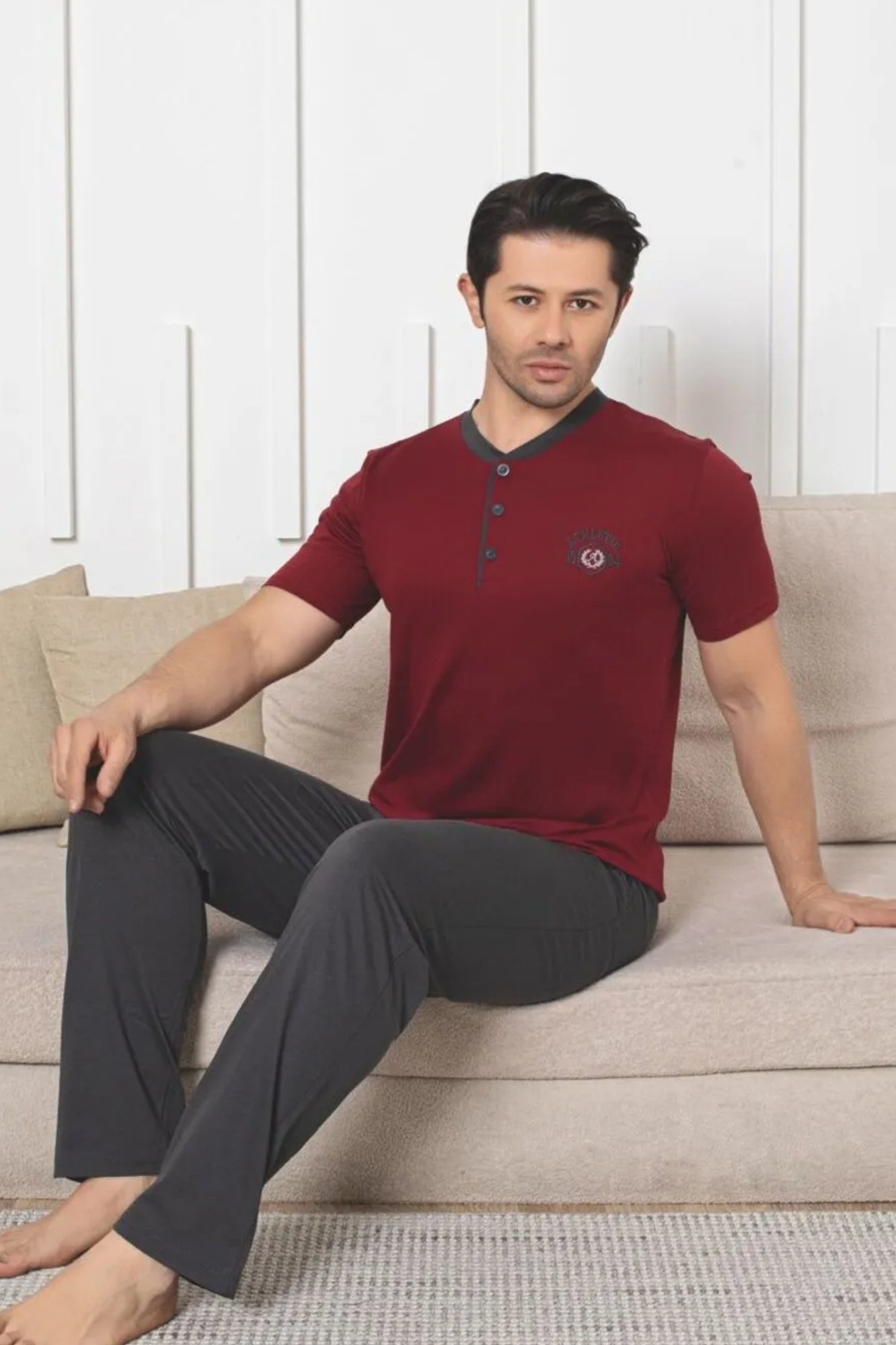 Dreamy Pamuklu Cepli Kısa Kollu Örme Erkek Pijama Takımı - Bordo