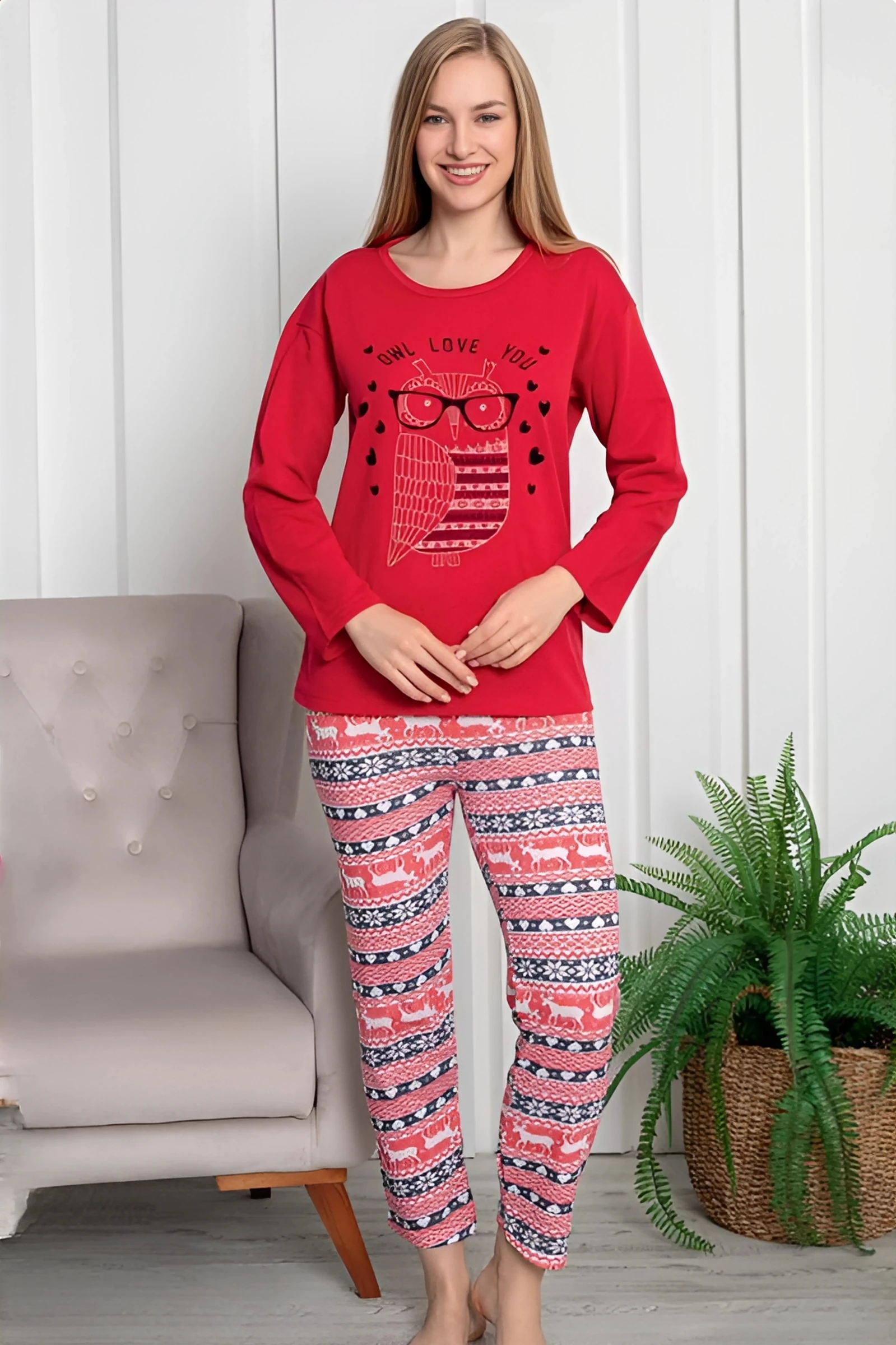 Dreamy Pamuklu Desenli 2 İplik Uzun Kollu Pijama Takımı - Kırmızı