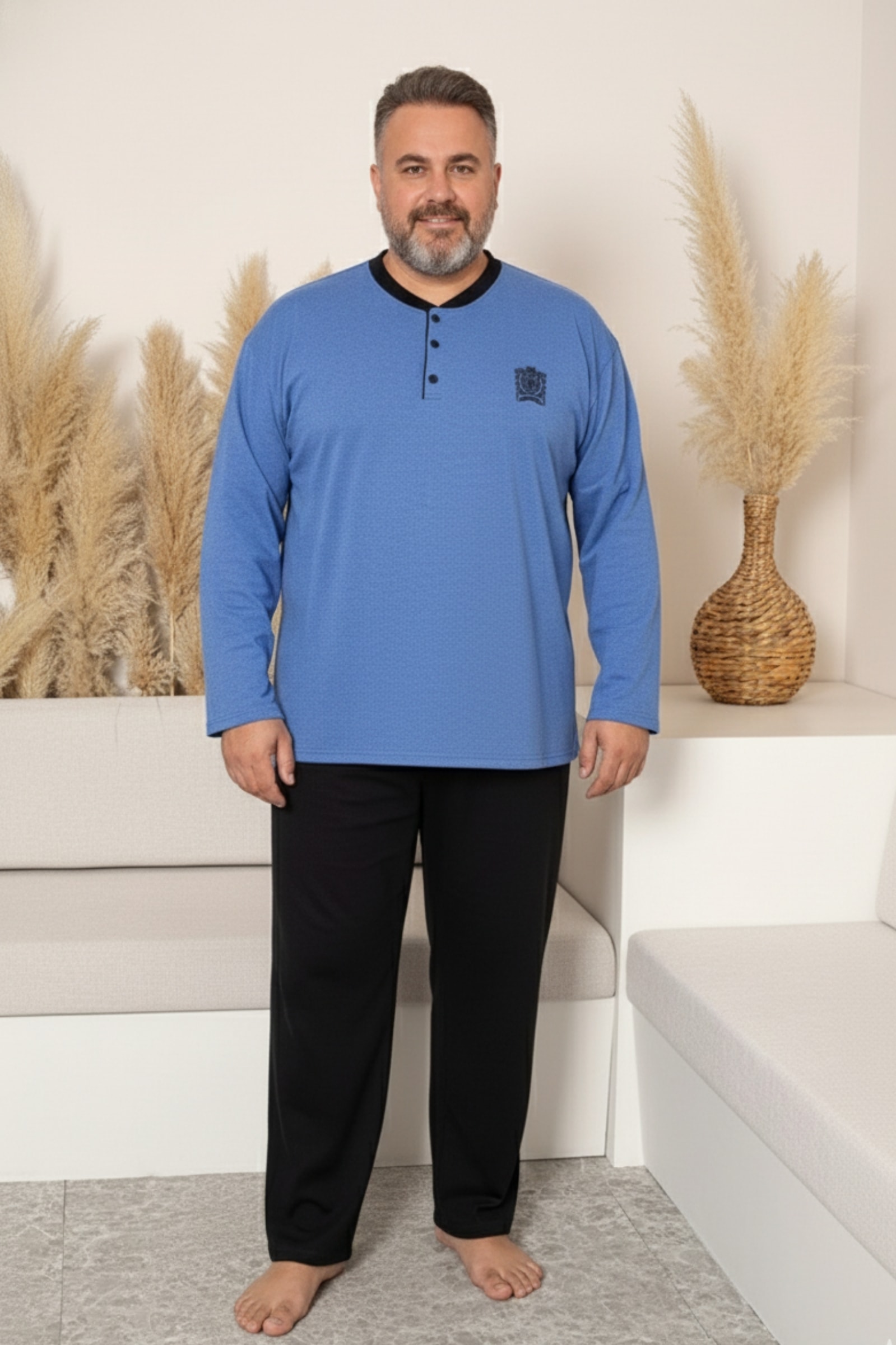 Büyük Beden Pamuklu Uzun Kollu Düğmeli Yaka Erkek Pijama Takımı