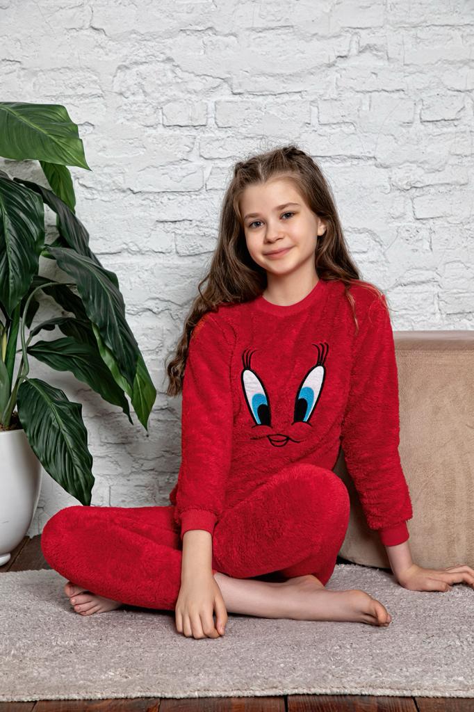 Civciv Desenli Anne Kız Çocuk Kombin Peluş Pijama Takımı (ANNE KIZ AYRI SATILIR.) - Kırmızı