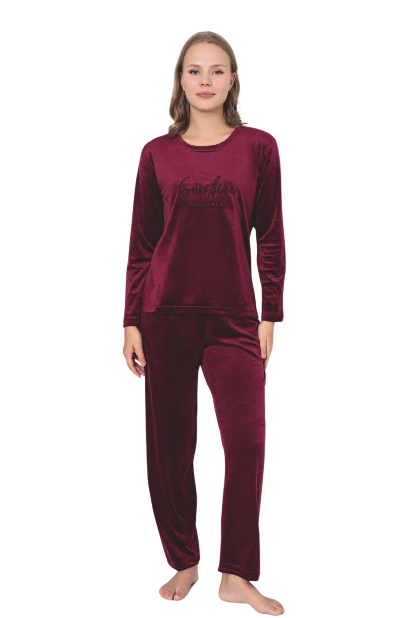 Luxury Velvet Fransız Kadife Yazı Detaylı Pijama Takımı - Mürdüm