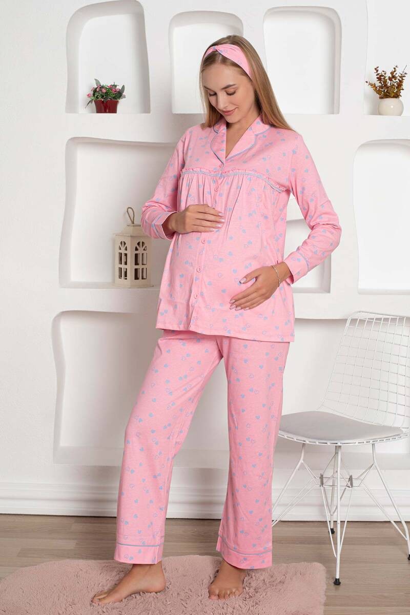 Mother's Dream Pamuklu Biyeli Düğmeli Hamile Lohusa Pijama Takımı - Pembe