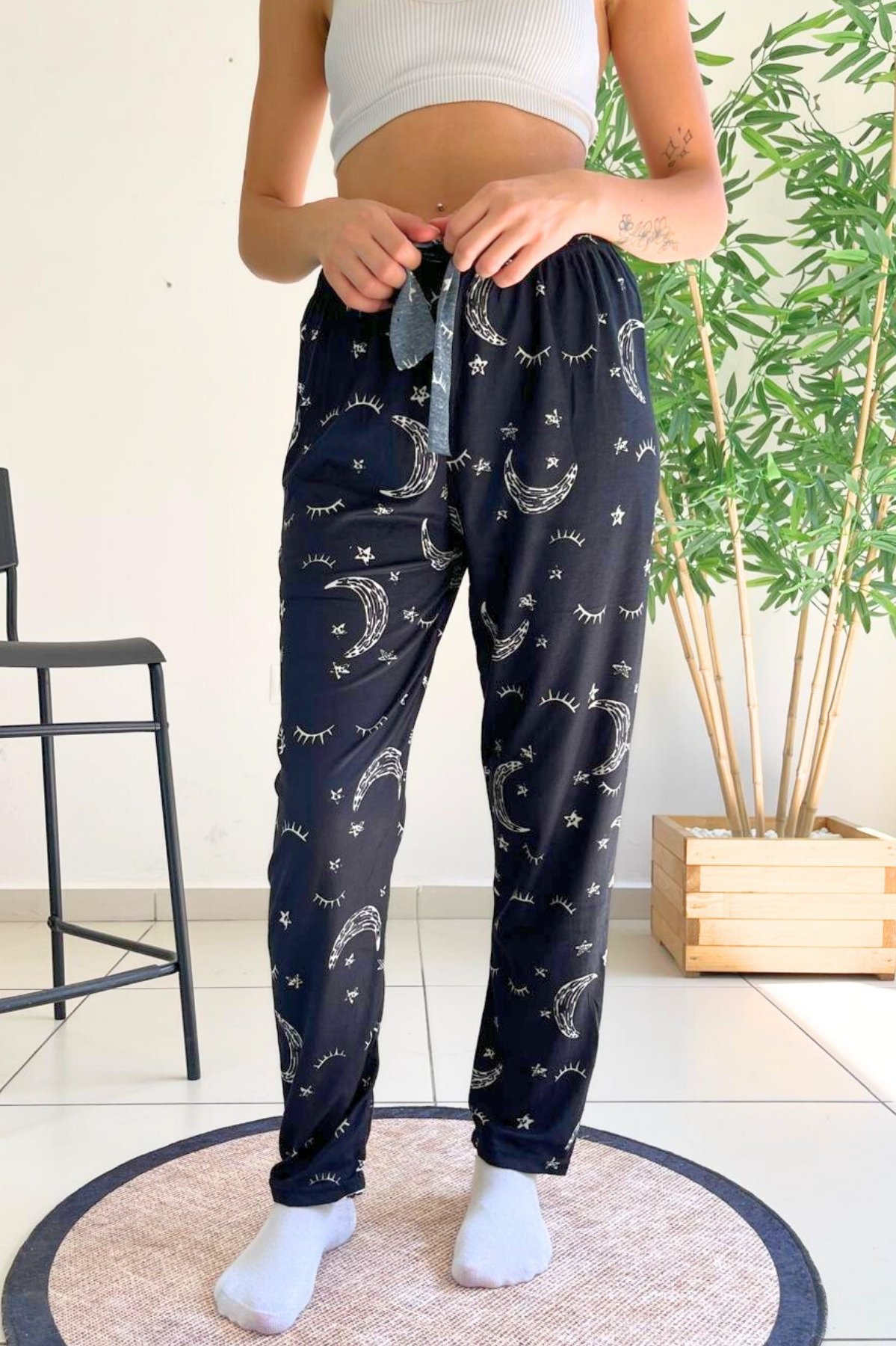 Dreamy Soft Kadife Dokulu Desenli Süet Pijama Altı Pantolon - Lacivert