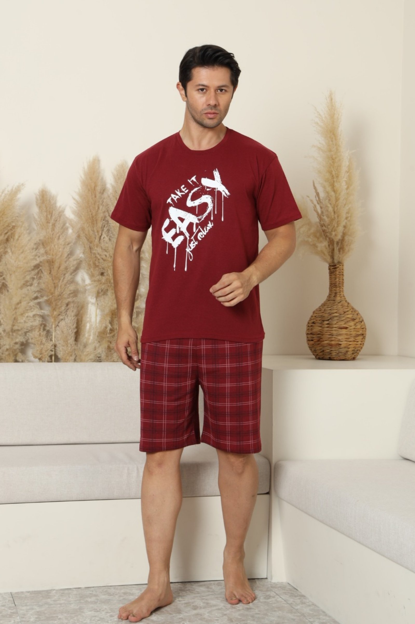 Dreamy Pamuklu Cepli Desenli Kısa Kollu Şortlu Erkek Pijama Takımı - Bordo