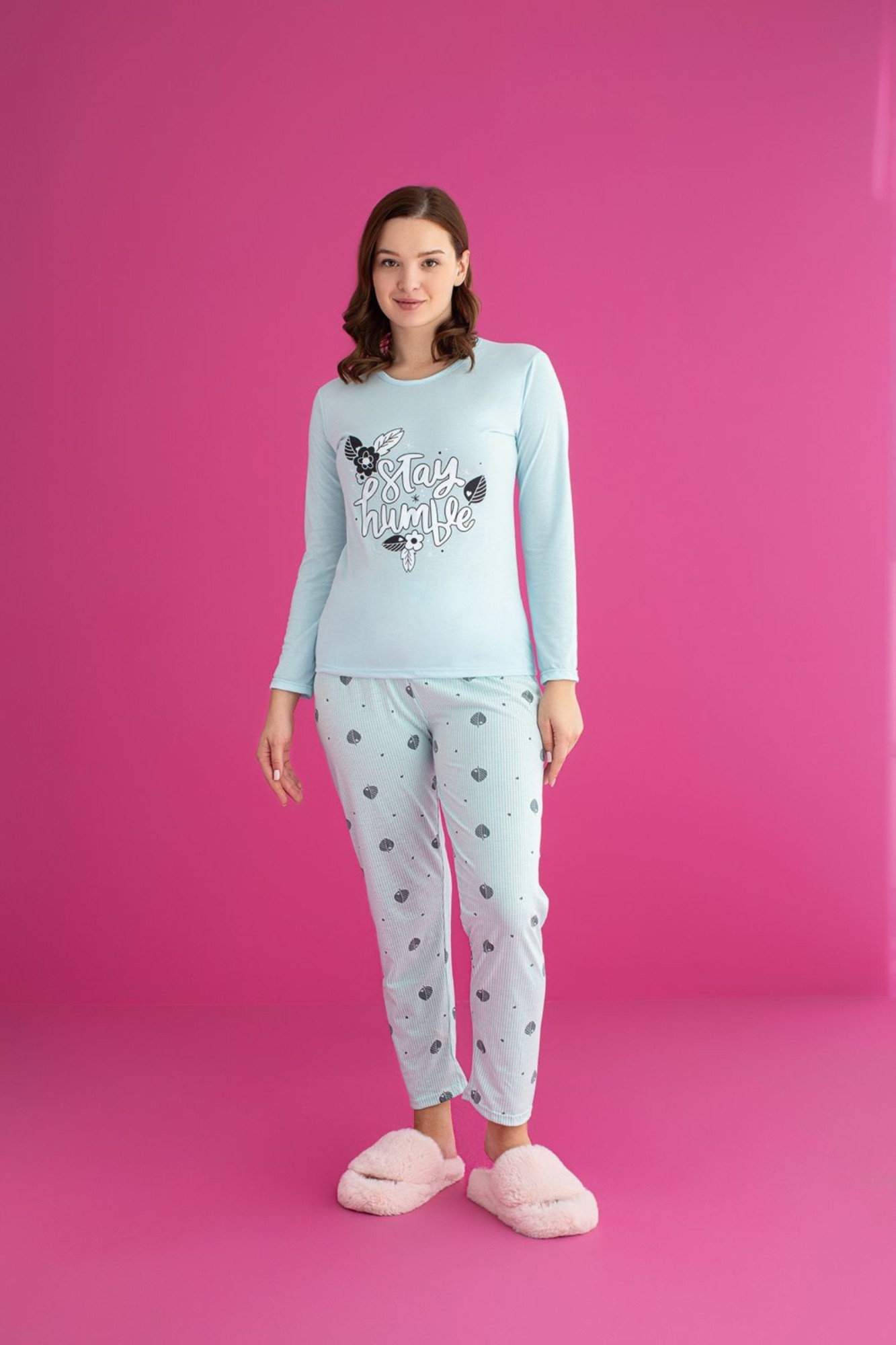 Dreamy Pamuklu Desenli Uzun Kollu Kadın Pijama Takımı - Mint