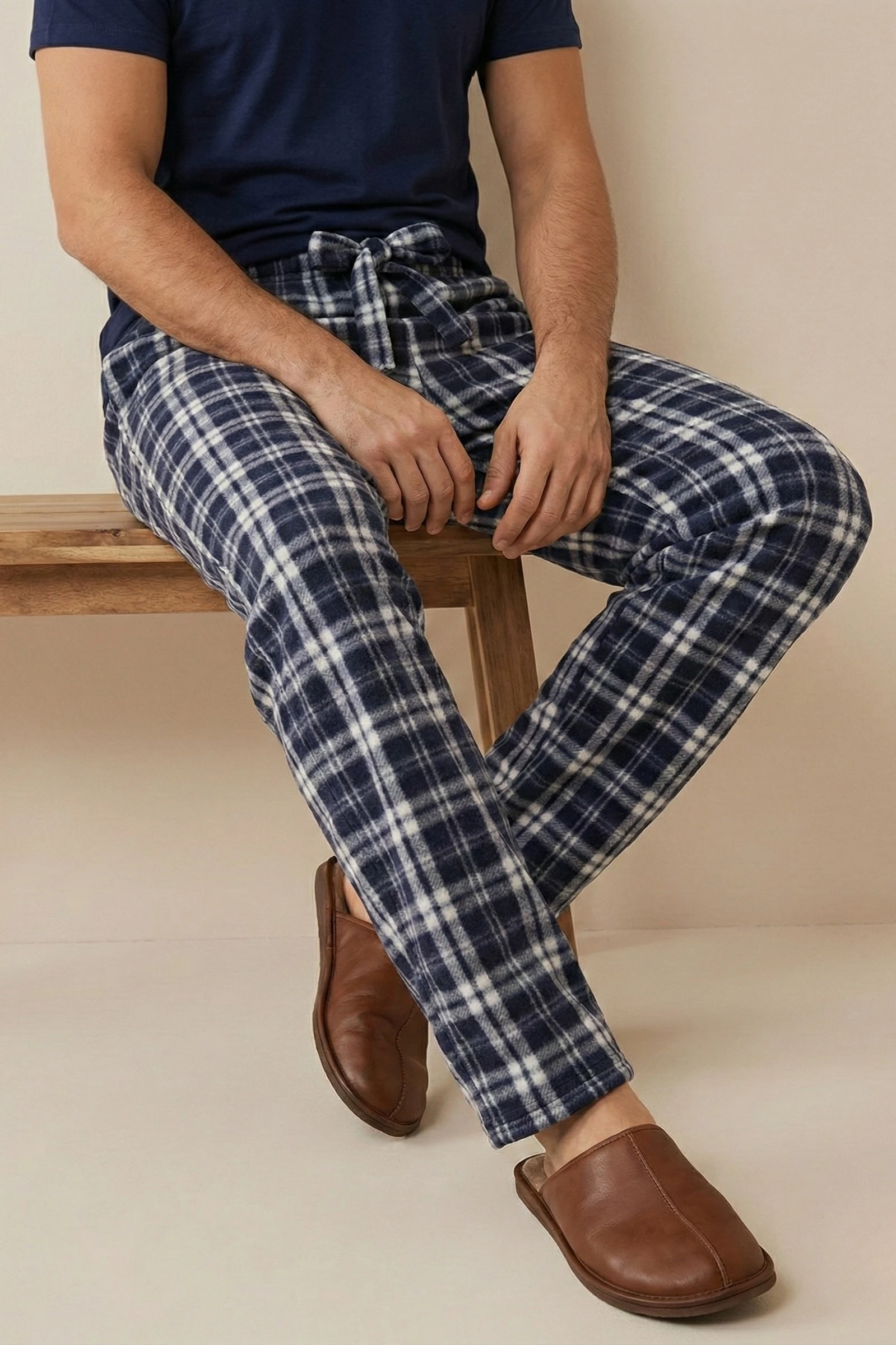 Luxury Soft Wellsoft Polar Ekose Kare Desenli Kışlık Pijama Altı Pantolon - Lacivert