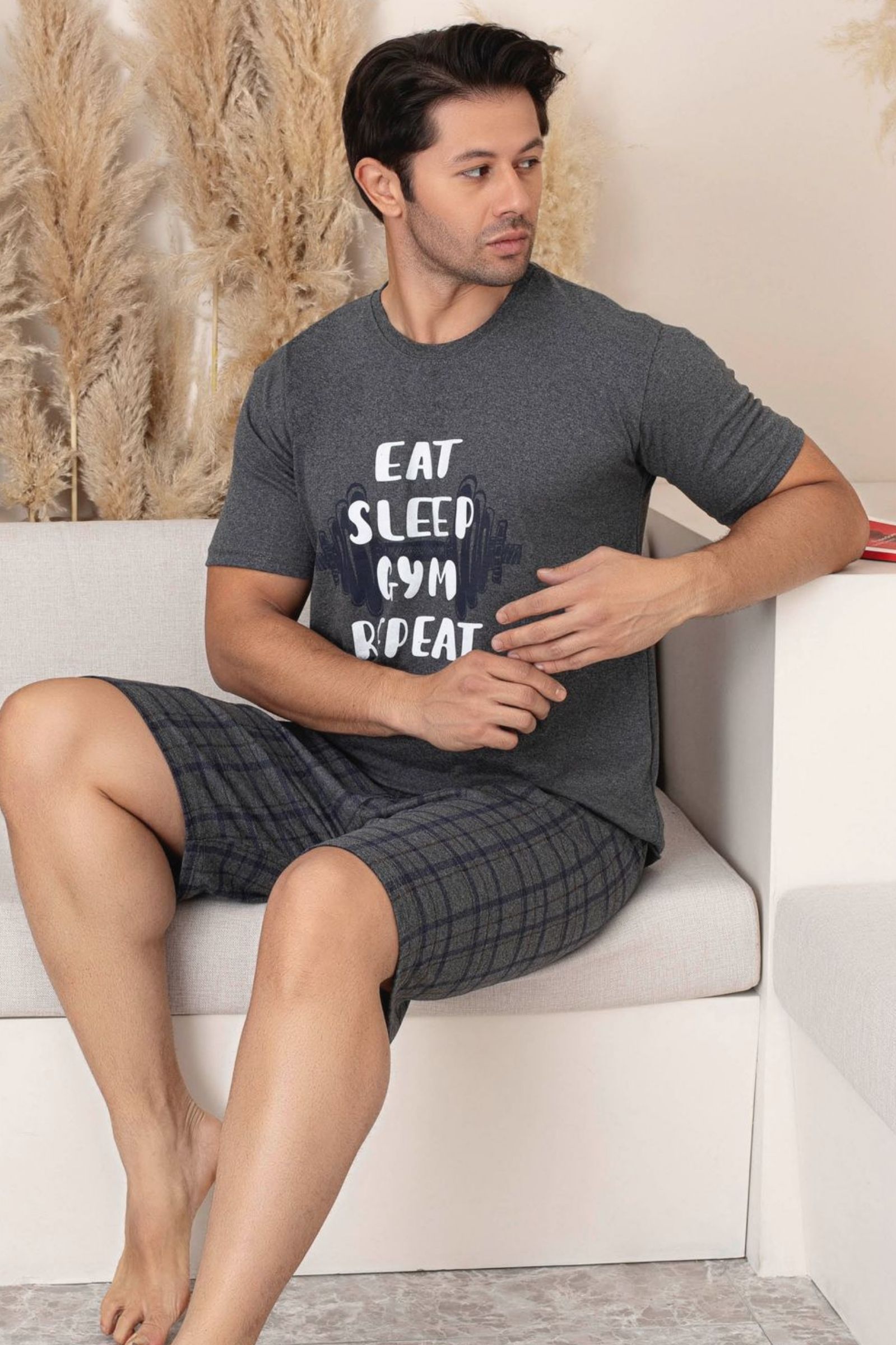 Dreamy Pamuklu Cepli Desenli Kısa Kollu Şortlu Erkek Pijama Takımı - FÜME