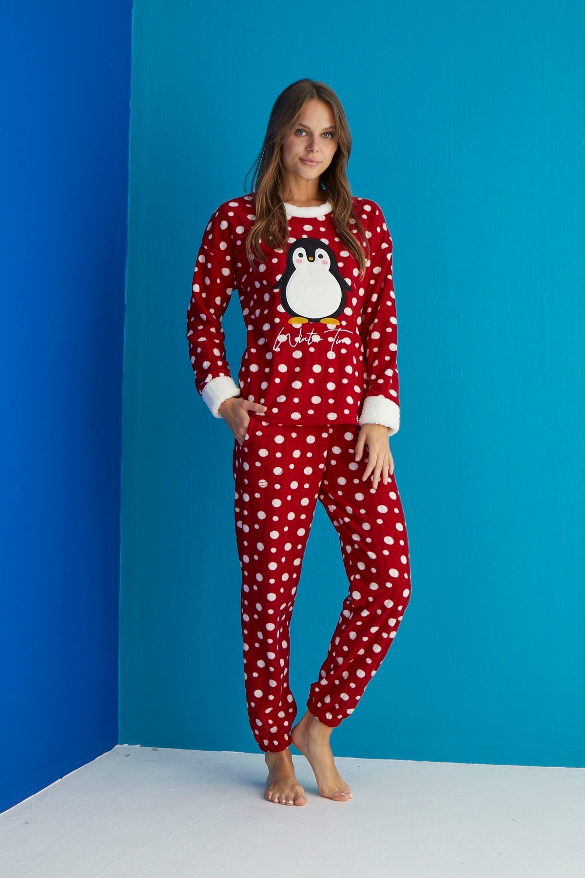 Luxury Soft Penguen Desenli Puantiyeli Fitilli Polar Pijama Takımı