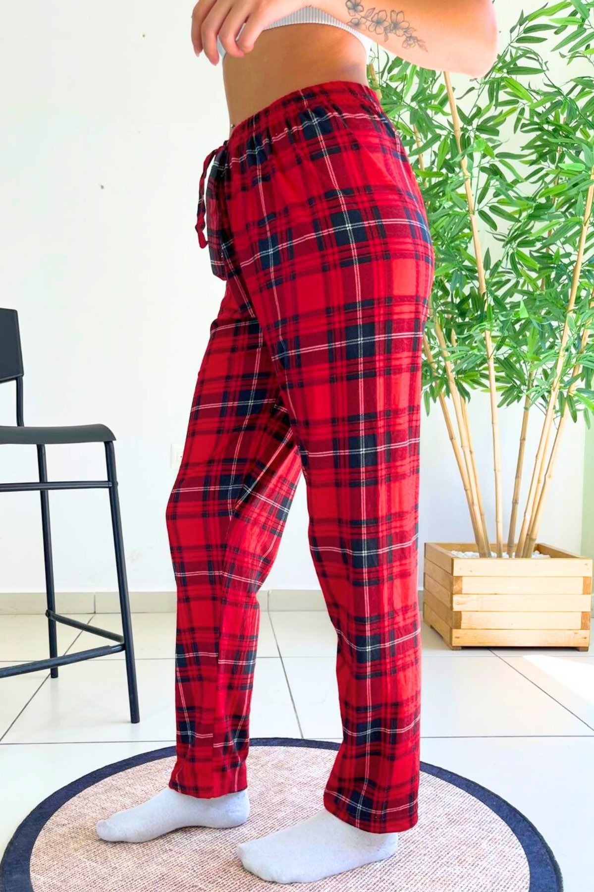 Dreamy Soft Kadife Dokulu Ekose Kareli Süet Pijama Altı Pantolon - Kırmızı