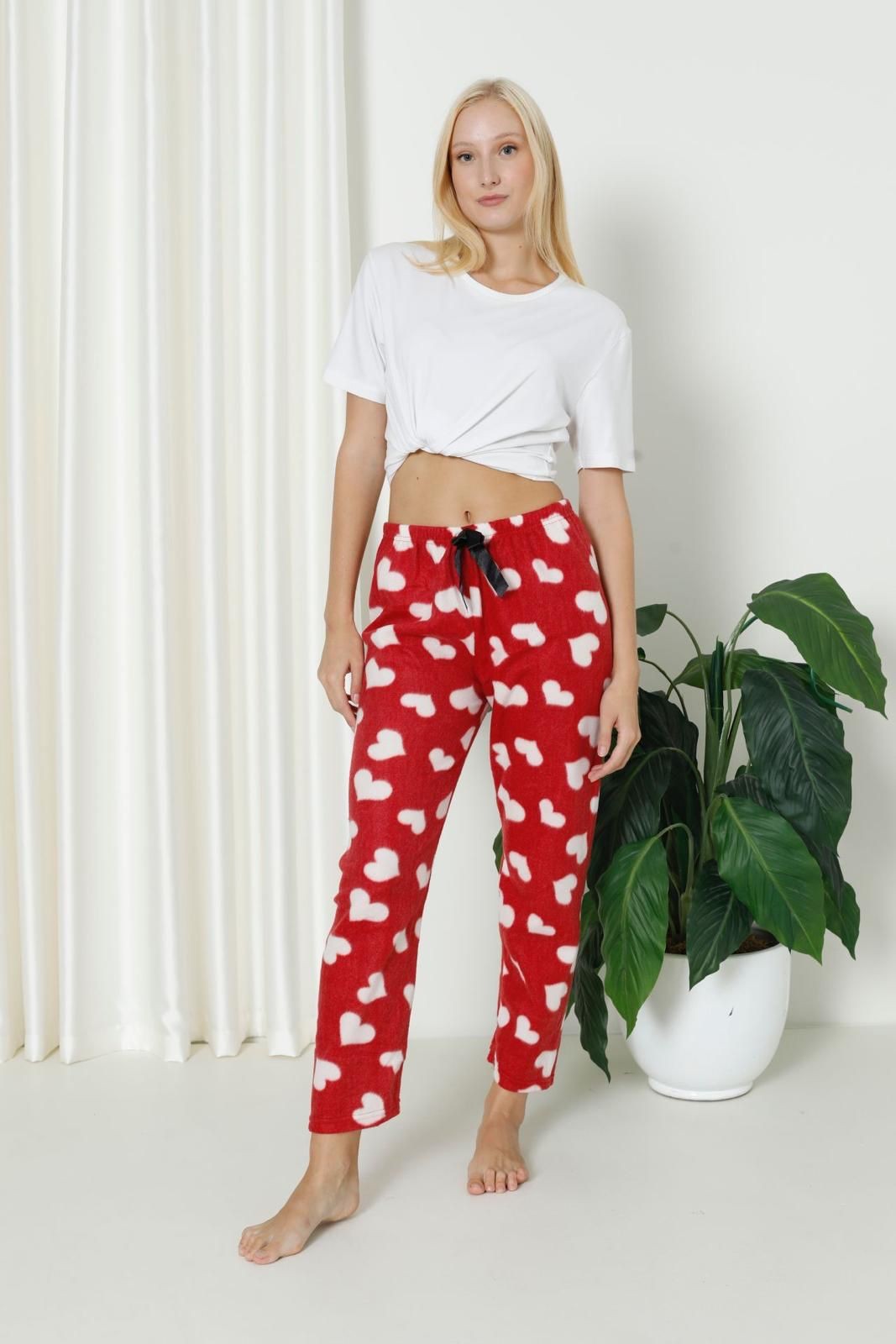 Luxury Soft Welsoft Polar Desenli Kurdeleli Kışlık Pijama Altı Pantolon - Kırmızı