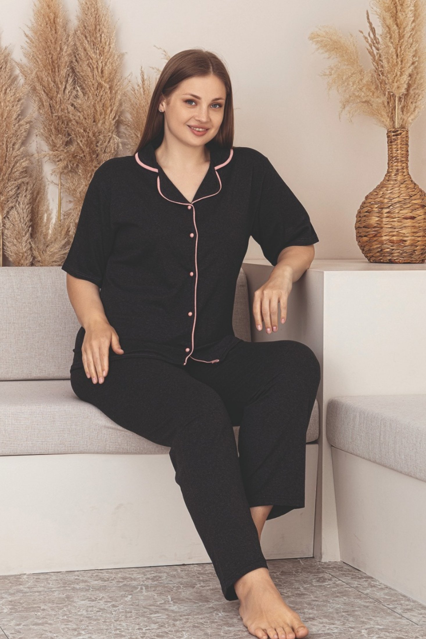 Büyük Beden Pamuklu Biyeli Düğmeli Kısa Kollu Gömlek Pijama Takımı
