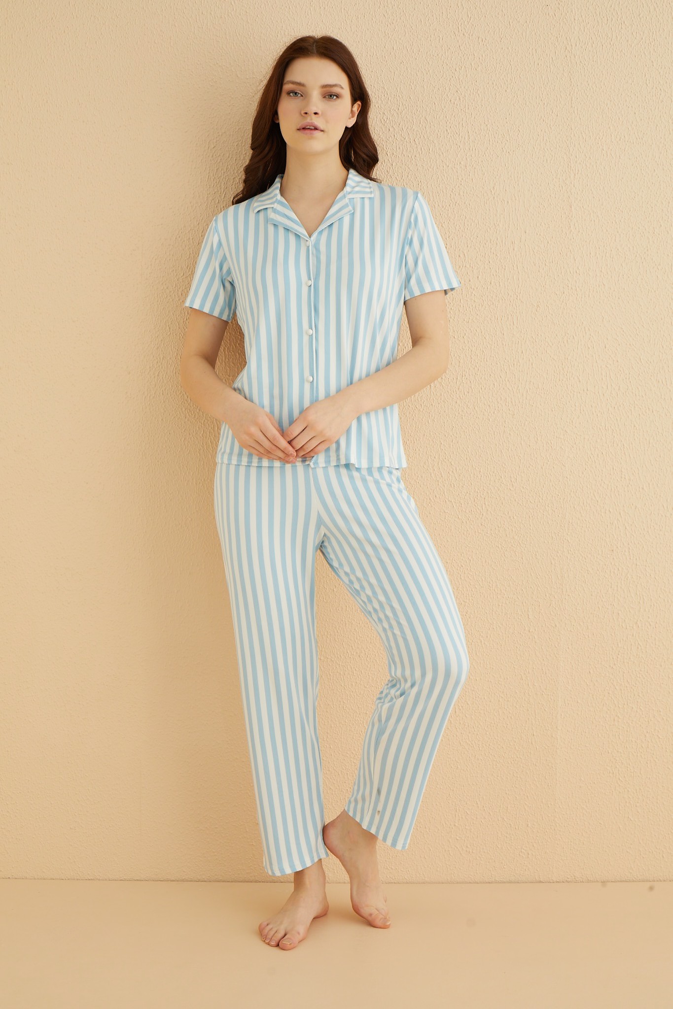 Dreamy Secret Bambu Kumaş Çizgili Kısa Kollu Gömlek Pijama Takımı - Mavi