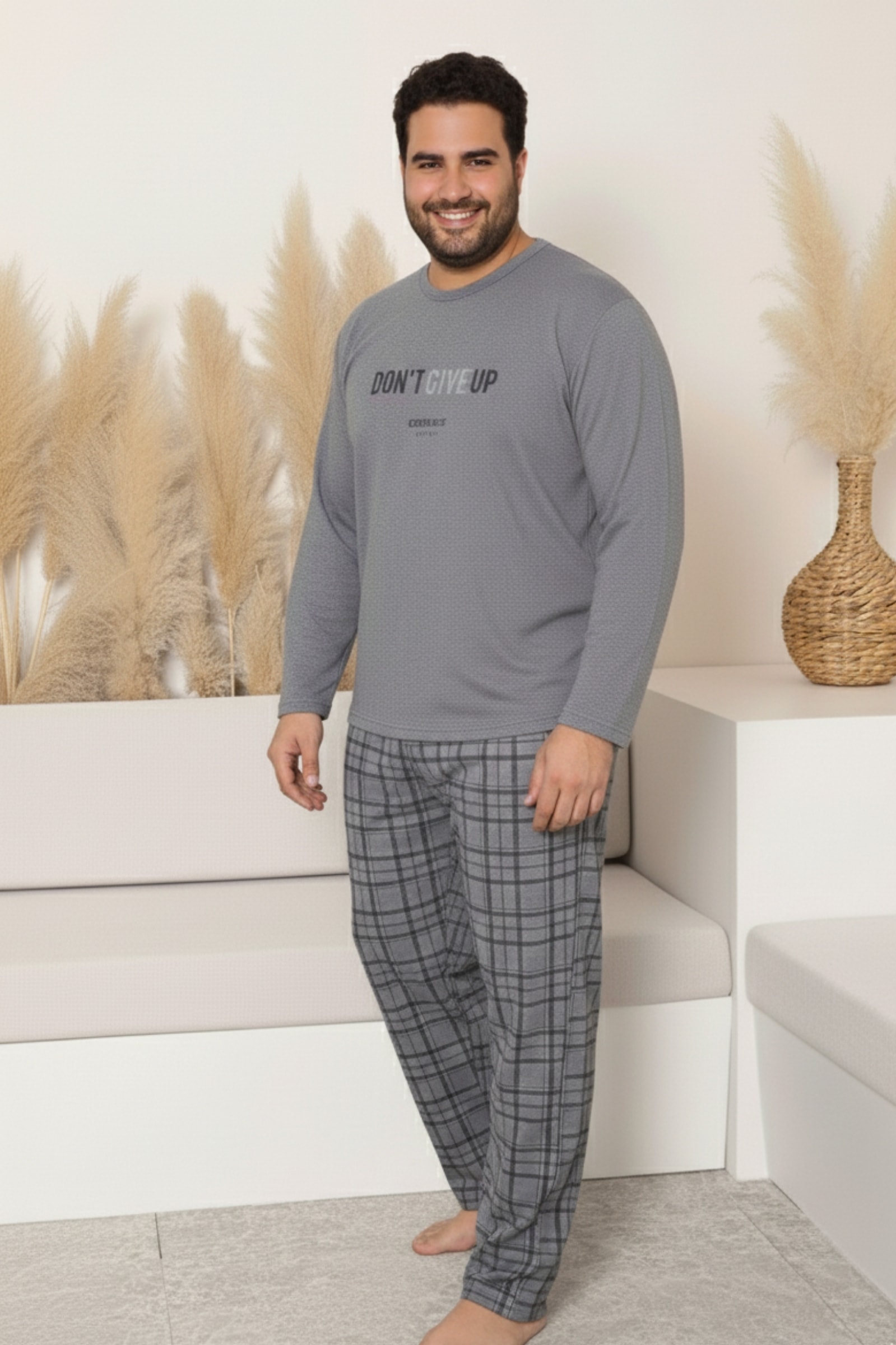 Büyük Beden Pamuklu Uzun Kollu Ekose Kareli Erkek Pijama Takımı - Gri